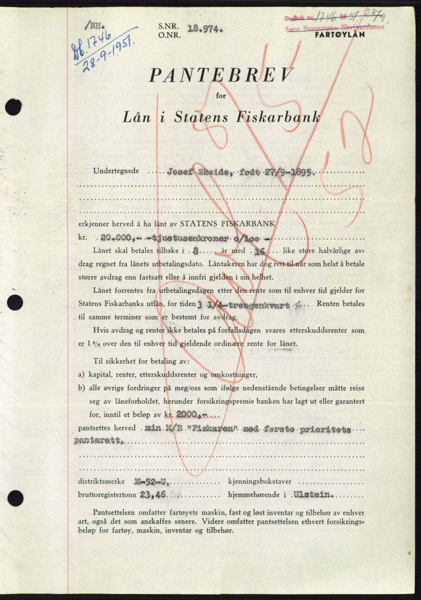Søre Sunnmøre sorenskriveri, AV/SAT-A-4122/1/2/2C/L0120: Pantebok nr. 8B, 1951-1951, Dagboknr: 1746/1951
