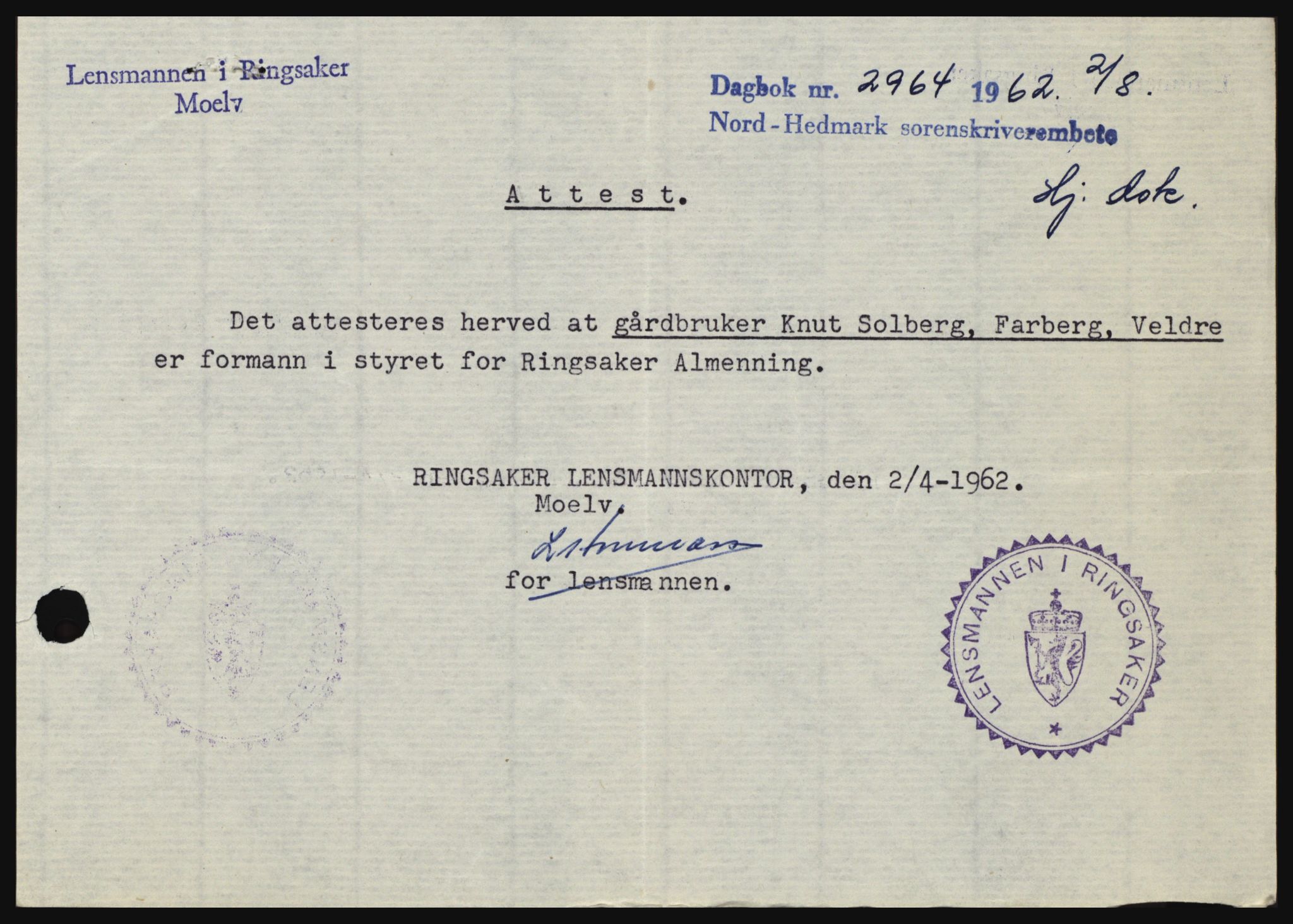 Nord-Hedmark sorenskriveri, SAH/TING-012/H/Hc/L0016: Pantebok nr. 16, 1962-1962, Dagboknr: 2964/1962