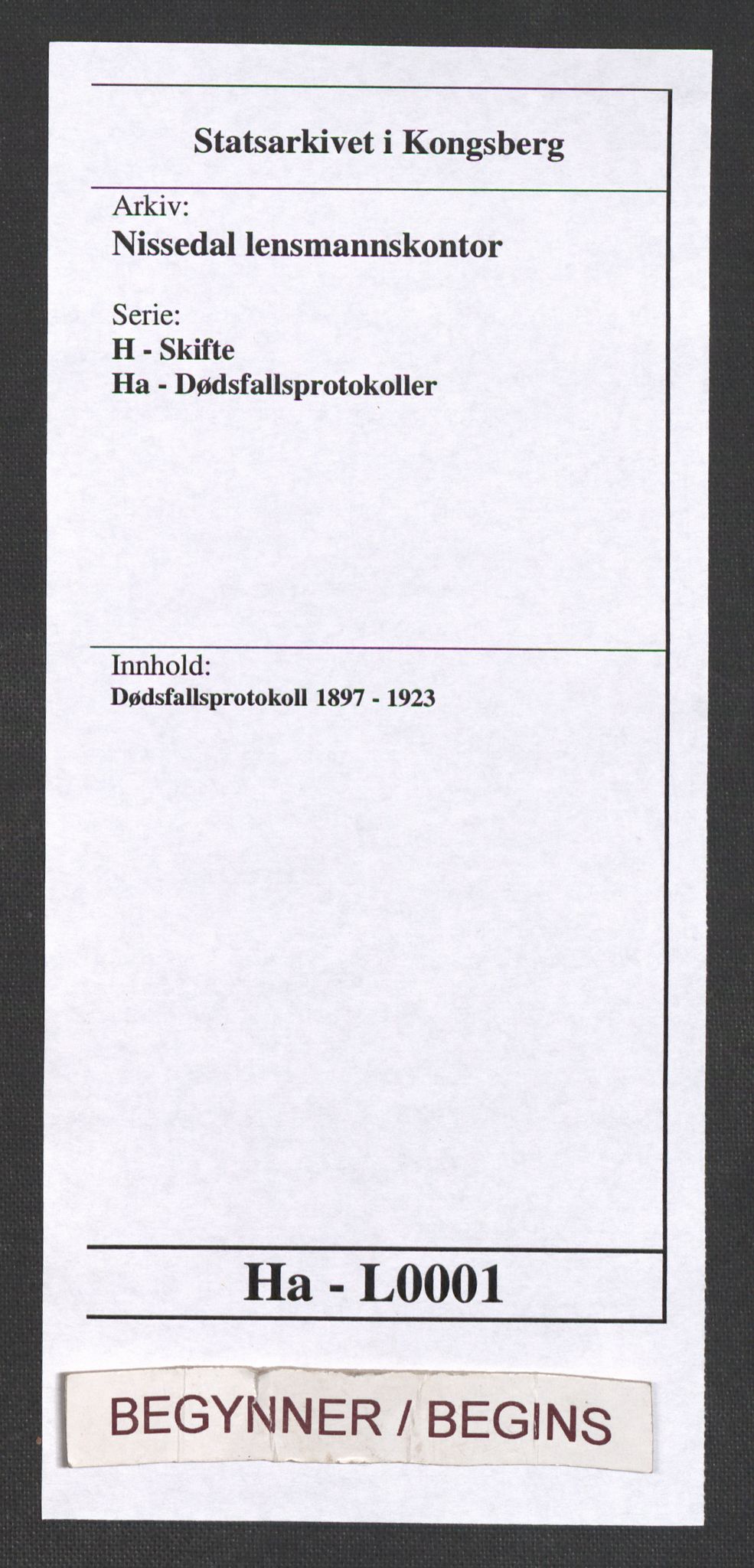 Nissedal lensmannskontor, AV/SAKO-A-565/H/Ha/L0001: Dødsfallsprotokoll, 1897-1923