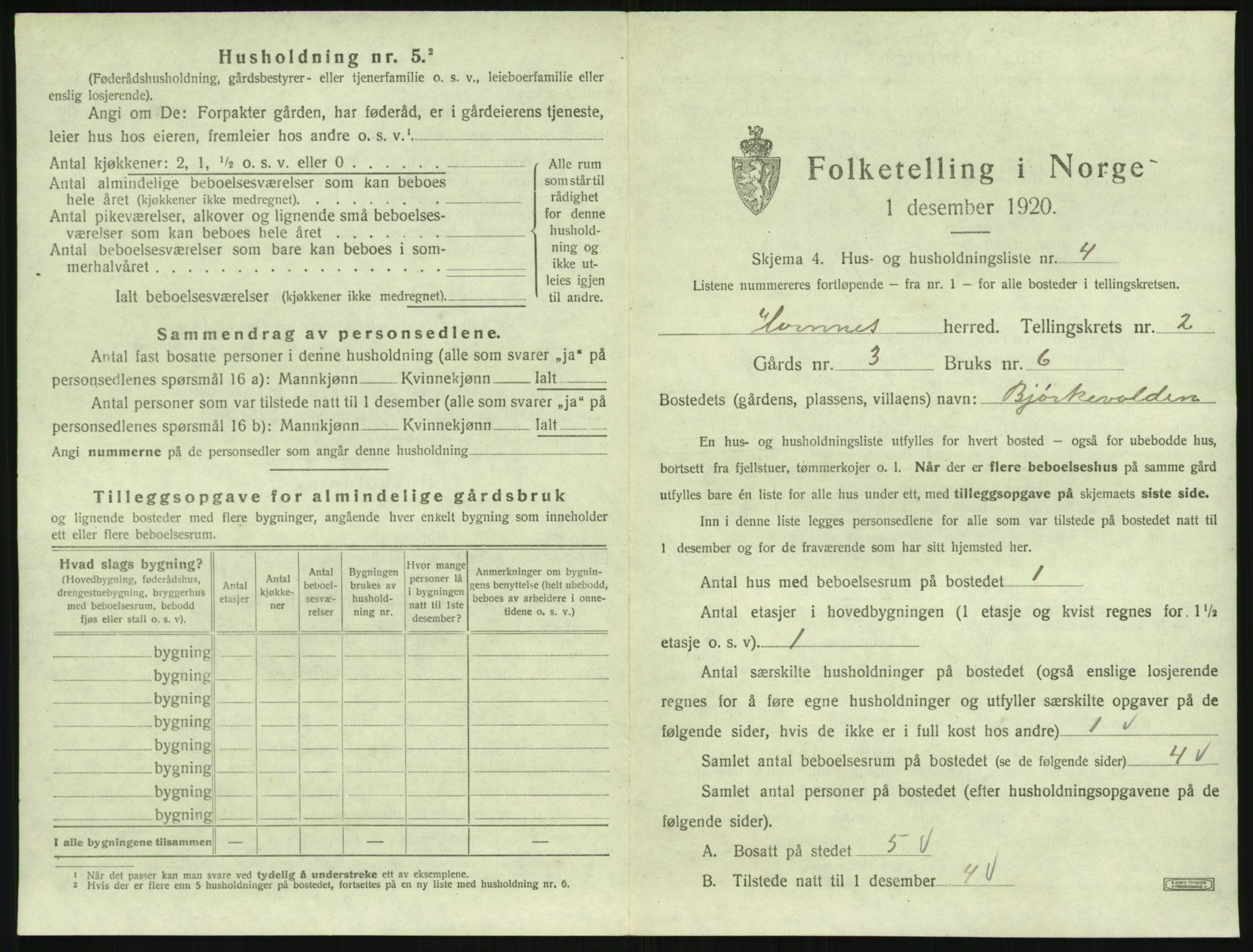 SAK, Folketelling 1920 for 0936 Hornnes herred, 1920, s. 97