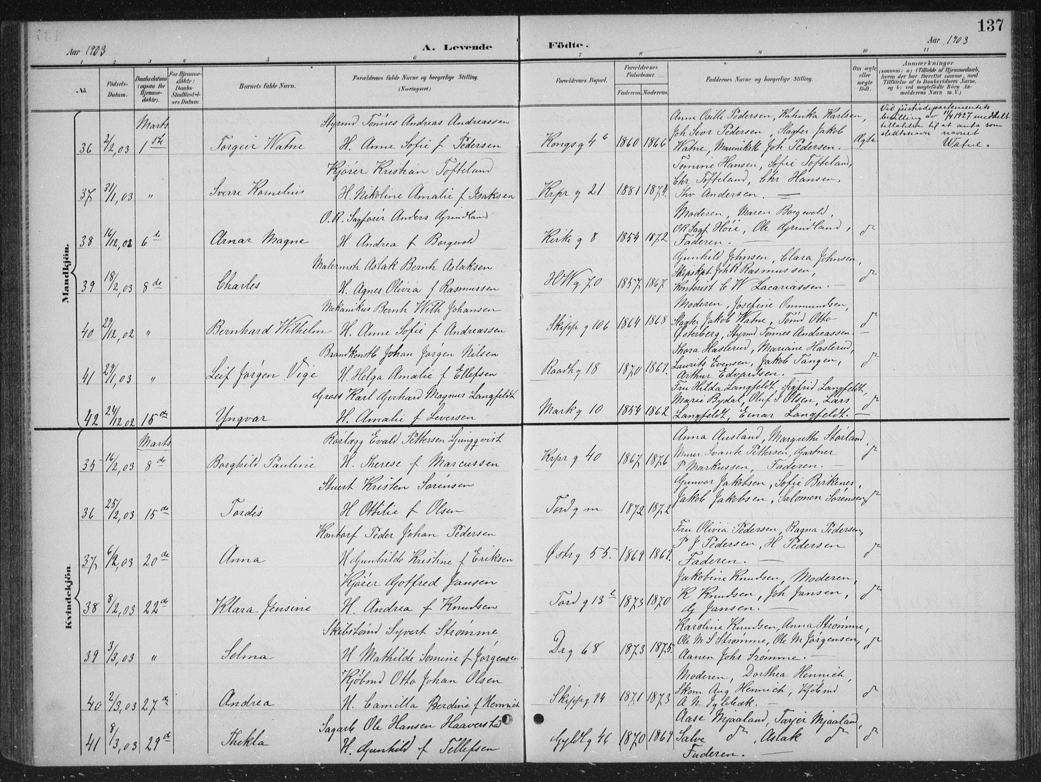 Kristiansand domprosti, AV/SAK-1112-0006/F/Fb/L0018: Klokkerbok nr. B 18, 1896-1905, s. 137