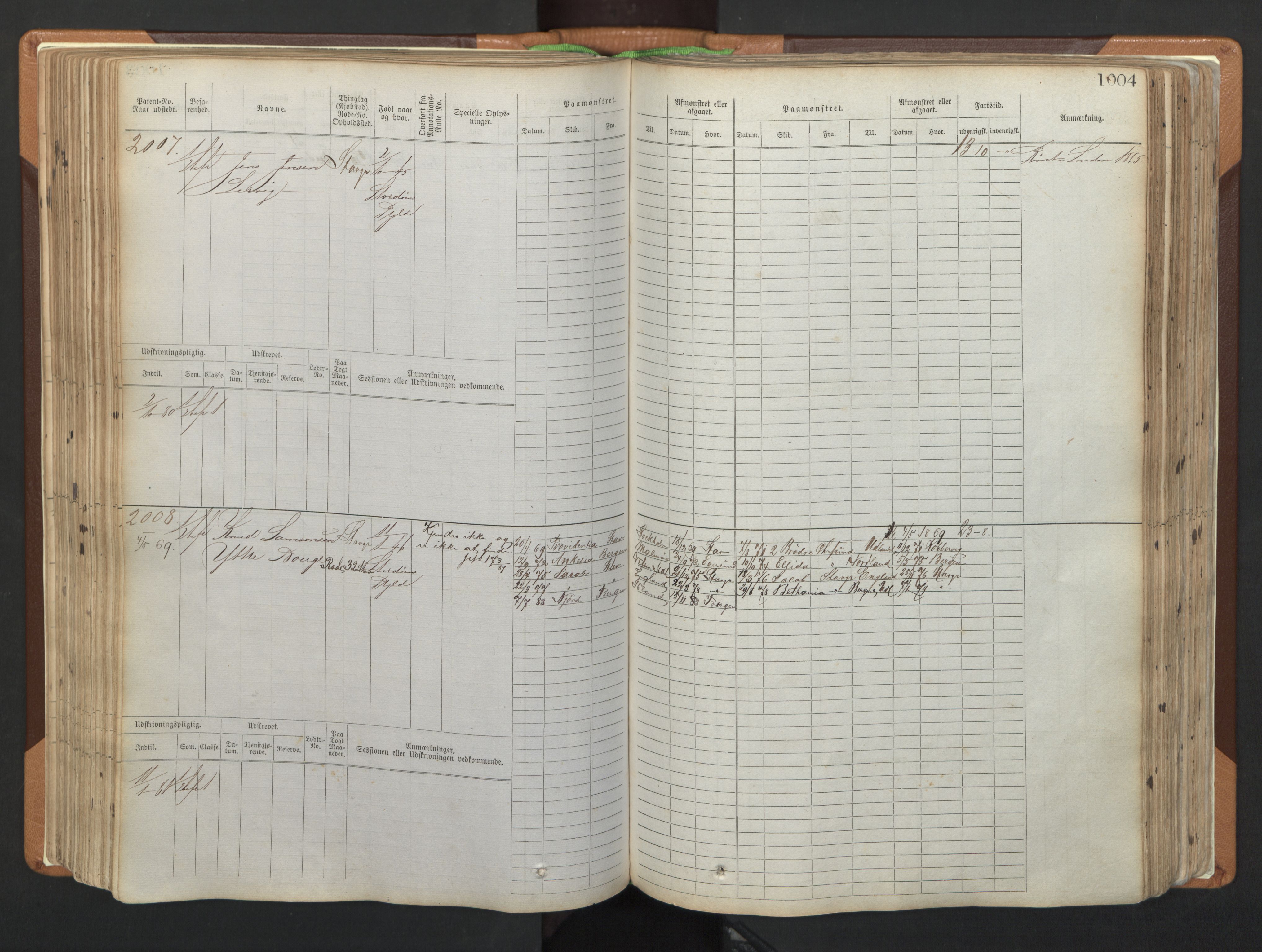 Stavanger sjømannskontor, SAST/A-102006/F/Fb/Fbb/L0006: Sjøfartshovedrulle, patentnr. 1607-2402 (del 3), 1869-1880, s. 204