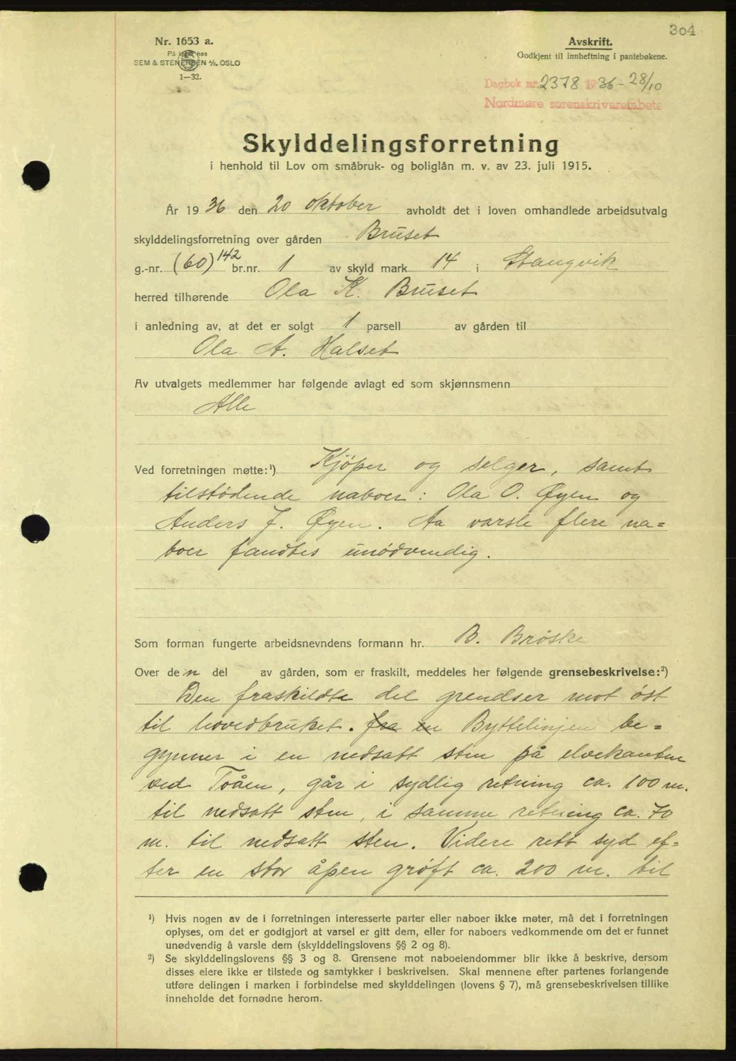 Nordmøre sorenskriveri, SAT/A-4132/1/2/2Ca: Pantebok nr. A80, 1936-1937, Dagboknr: 2378/1936