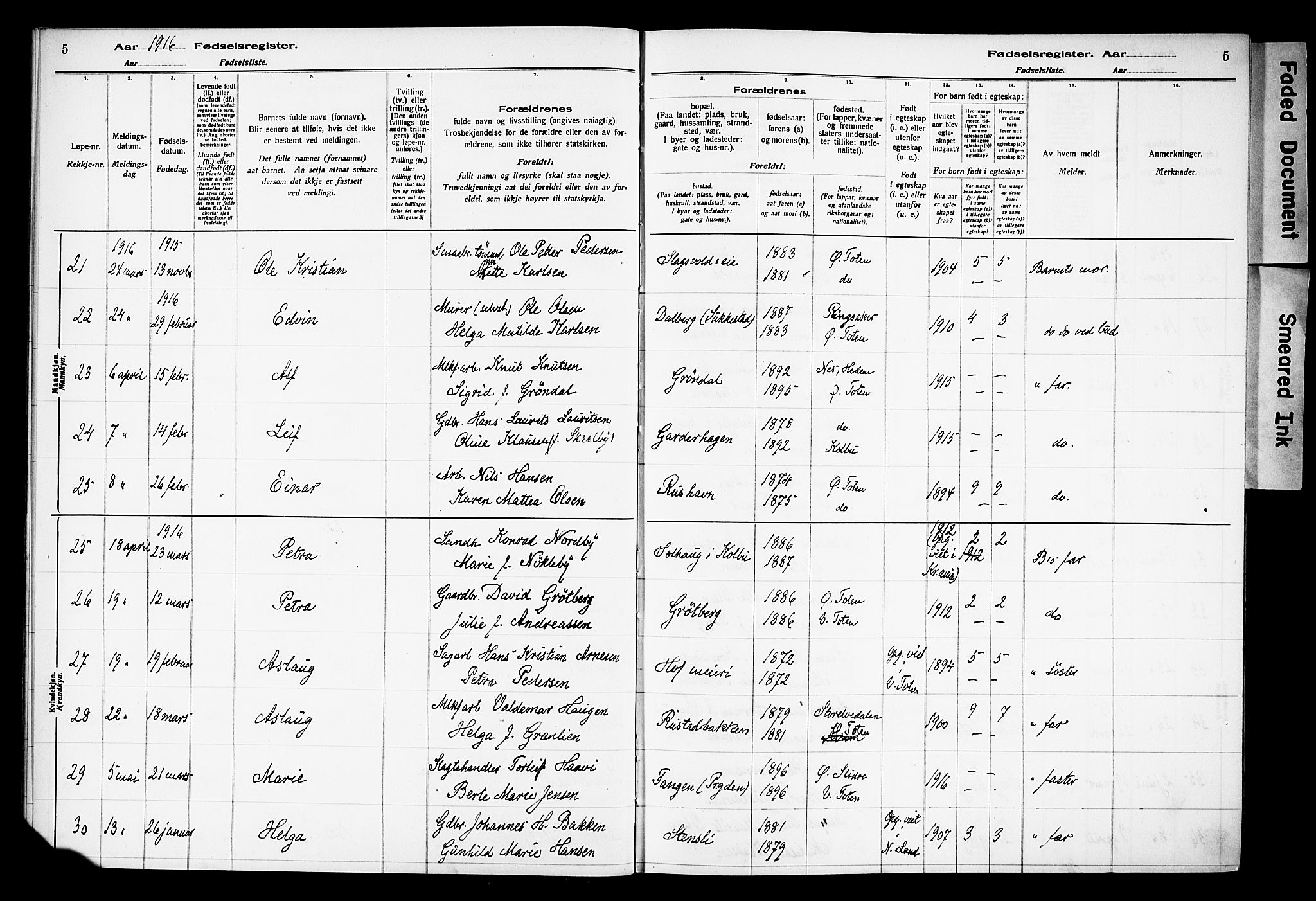 Østre Toten prestekontor, SAH/PREST-104/I/Id/L0001/0001: Fødselsregister nr. 1.1, 1916-1928, s. 5