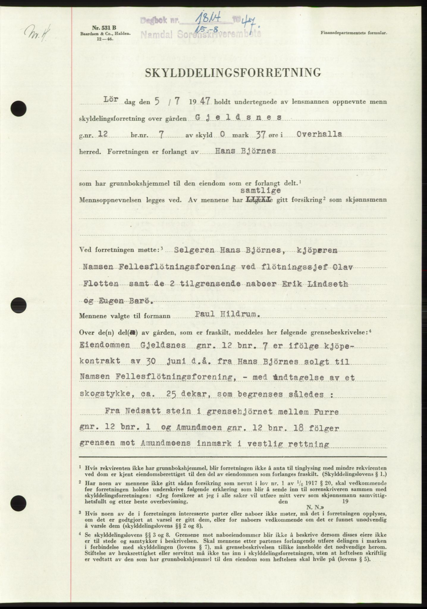 Namdal sorenskriveri, SAT/A-4133/1/2/2C: Pantebok nr. -, 1947-1947, Dagboknr: 1814/1947