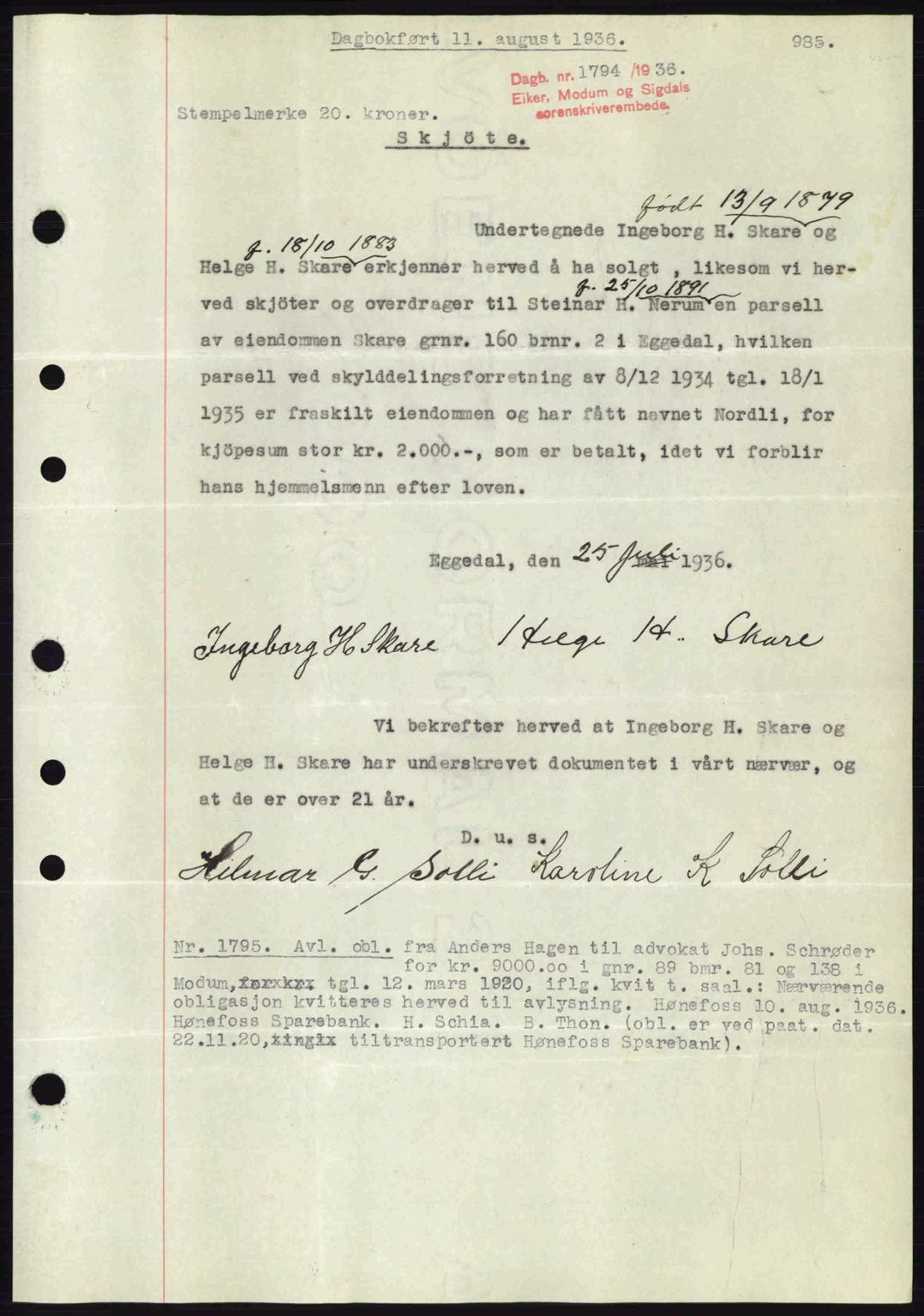 Eiker, Modum og Sigdal sorenskriveri, SAKO/A-123/G/Ga/Gab/L0032: Pantebok nr. A2, 1936-1936, Dagboknr: 1794/1936