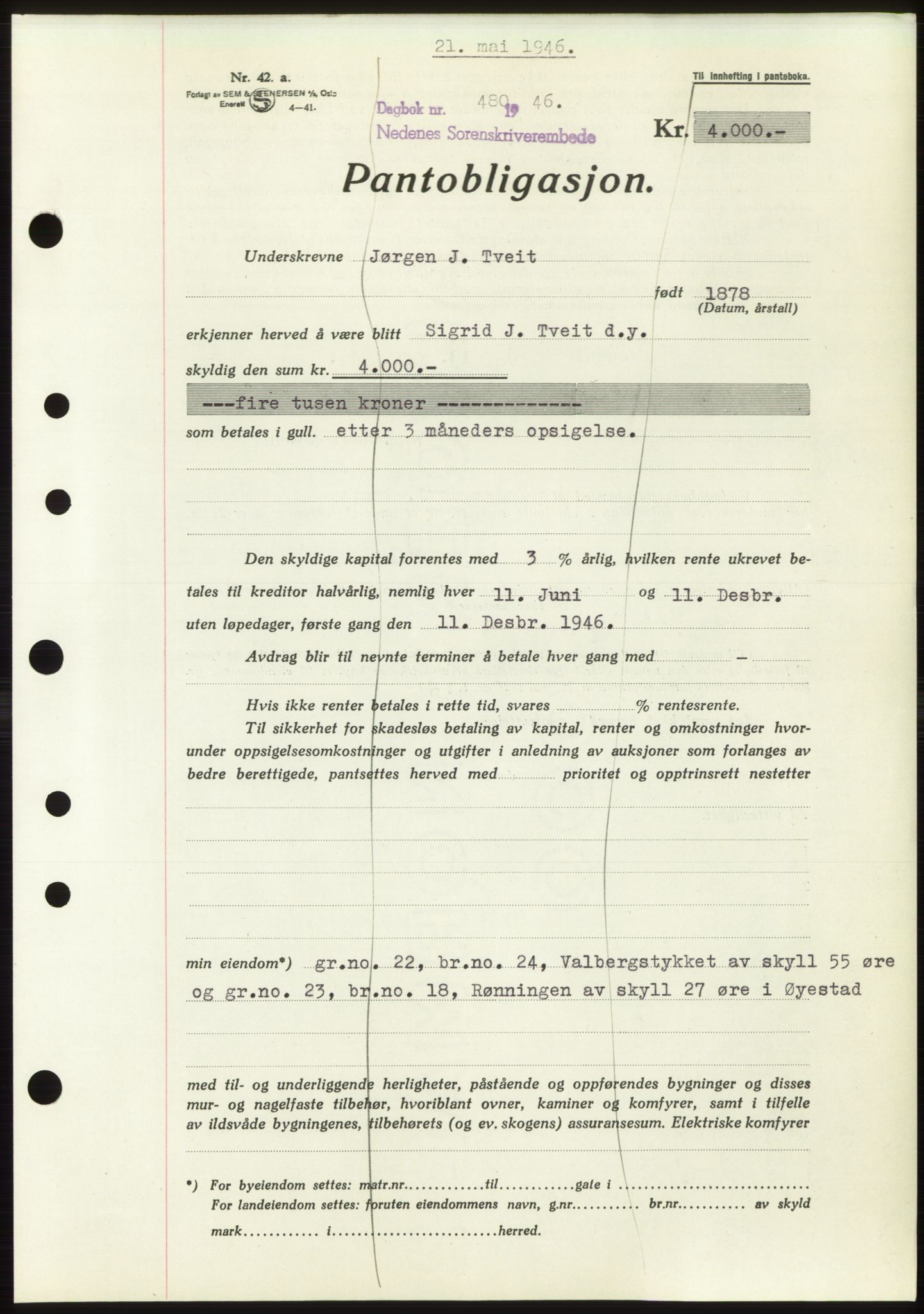 Nedenes sorenskriveri, SAK/1221-0006/G/Gb/Gbb/L0003: Pantebok nr. B3b, 1946-1946, Dagboknr: 480/1946