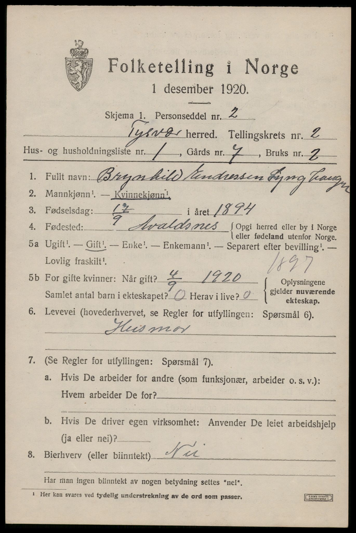 SAST, Folketelling 1920 for 1146 Tysvær herred, 1920, s. 1166