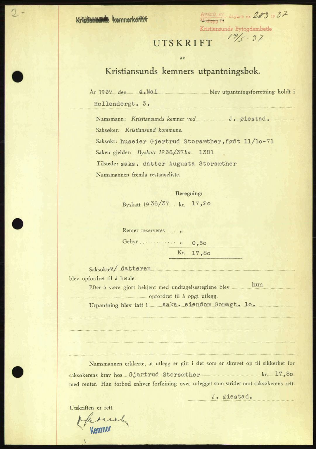 Kristiansund byfogd, SAT/A-4587/A/27: Pantebok nr. 29, 1936-1937, Dagboknr: 283/1937