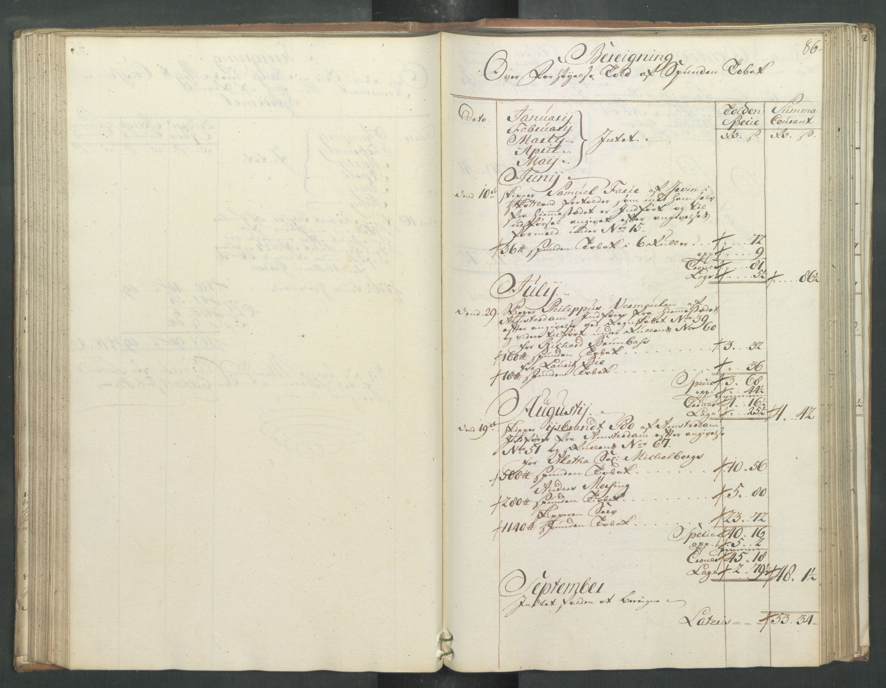 Generaltollkammeret, tollregnskaper, AV/RA-EA-5490/R32/L0019/0001: Tollregnskaper Kristiansund / Hovedtollbok, 1762, s. 85b-86a