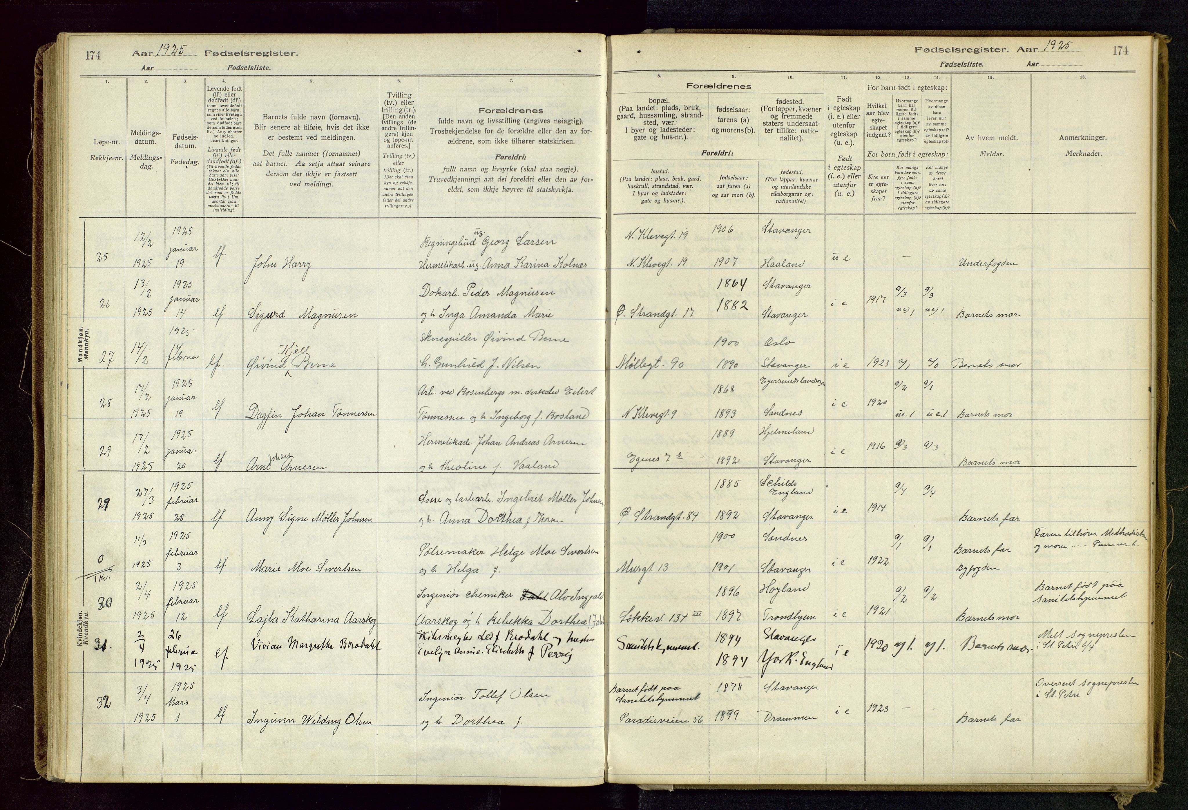 Domkirken sokneprestkontor, SAST/A-101812/002/B/L0002: Fødselsregister nr. 2, 1920-1925, s. 174