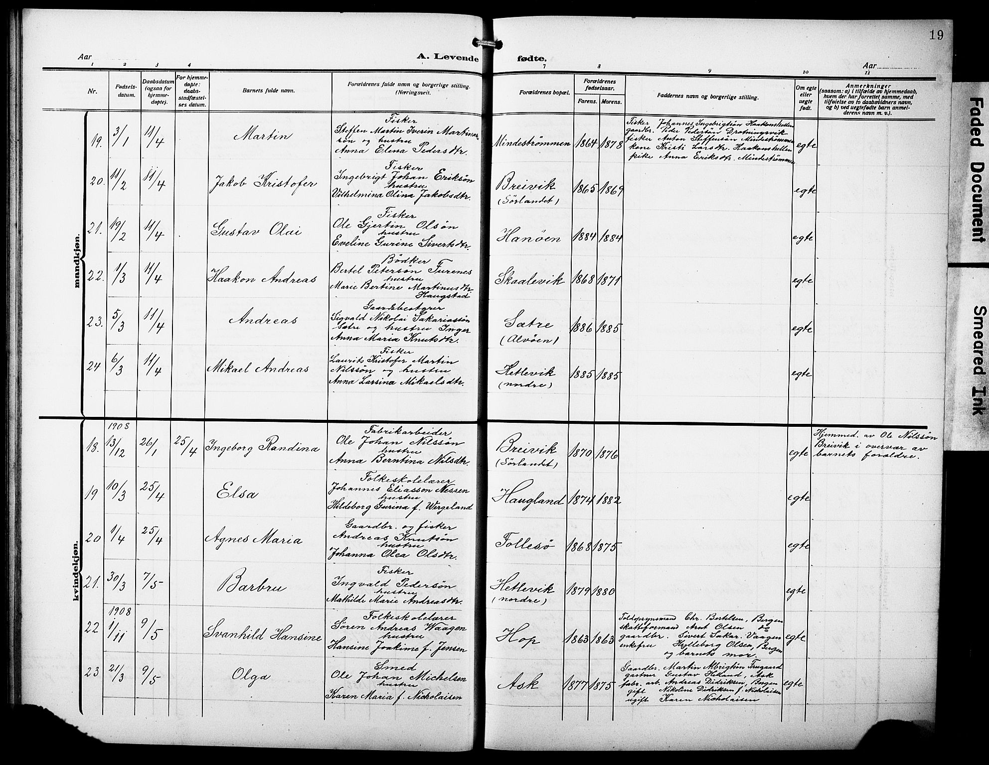 Askøy Sokneprestembete, AV/SAB-A-74101/H/Ha/Hab/Haba/L0011: Klokkerbok nr. A 11, 1908-1931, s. 19