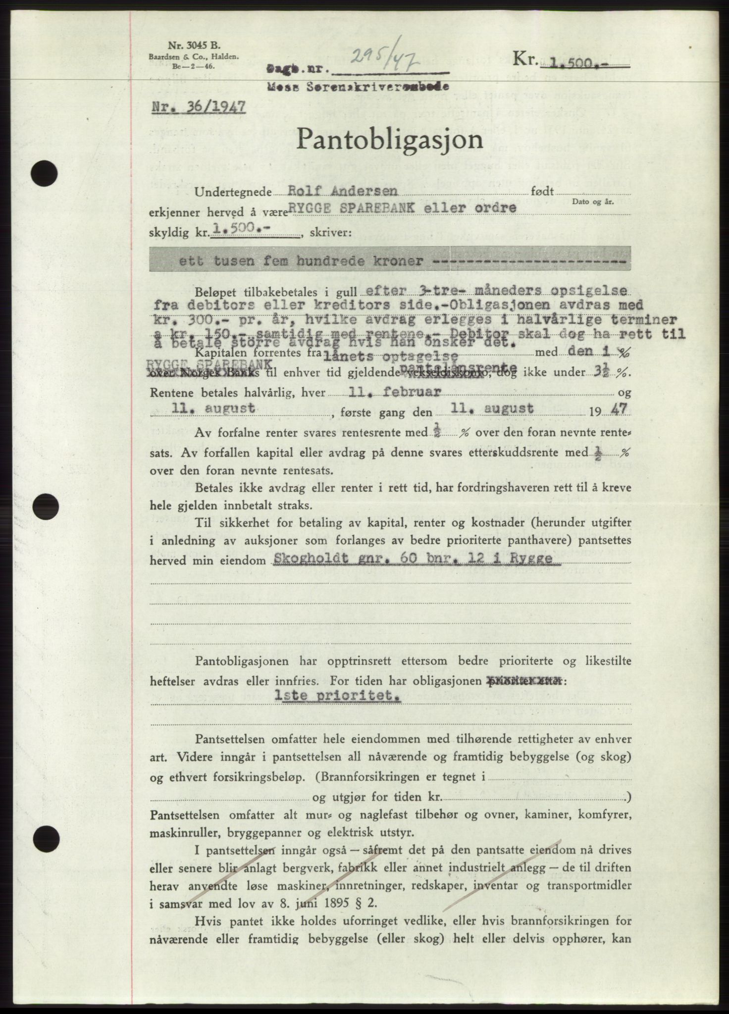 Moss sorenskriveri, SAO/A-10168: Pantebok nr. B16, 1946-1947, Dagboknr: 295/1947