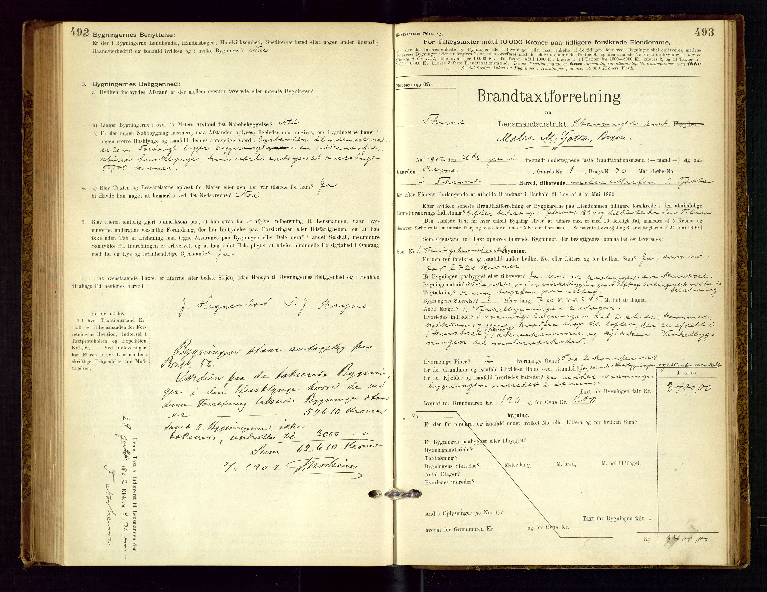 Time lensmannskontor, SAST/A-100420/Gob/L0001: Branntakstprotokoll, 1896-1914, s. 492-493
