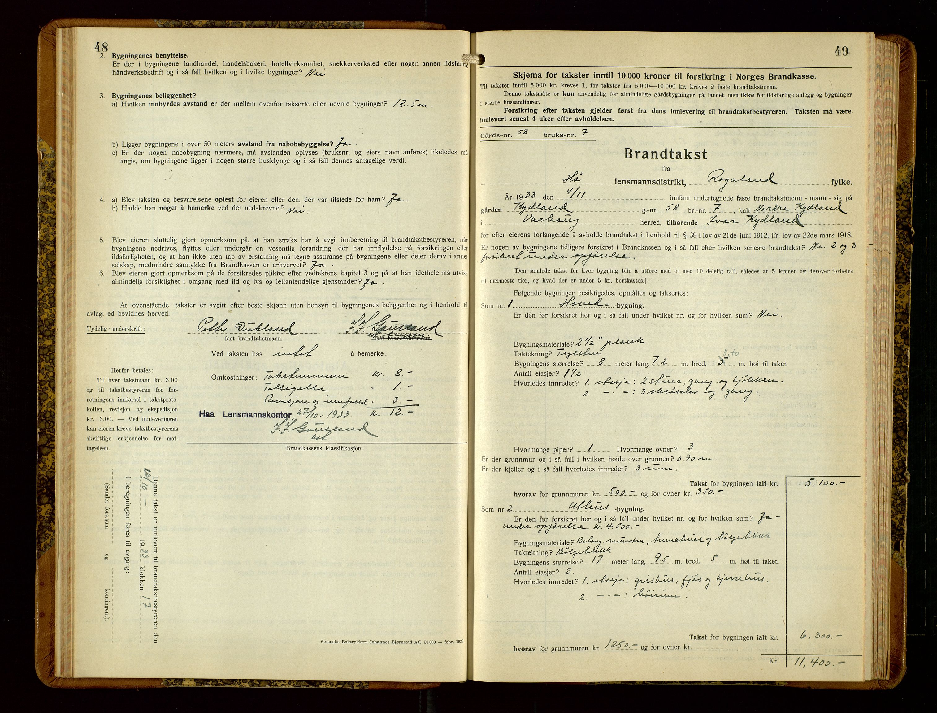 Hå lensmannskontor, AV/SAST-A-100456/Goa/L0006: Takstprotokoll (skjema), 1932-1938, s. 48-49