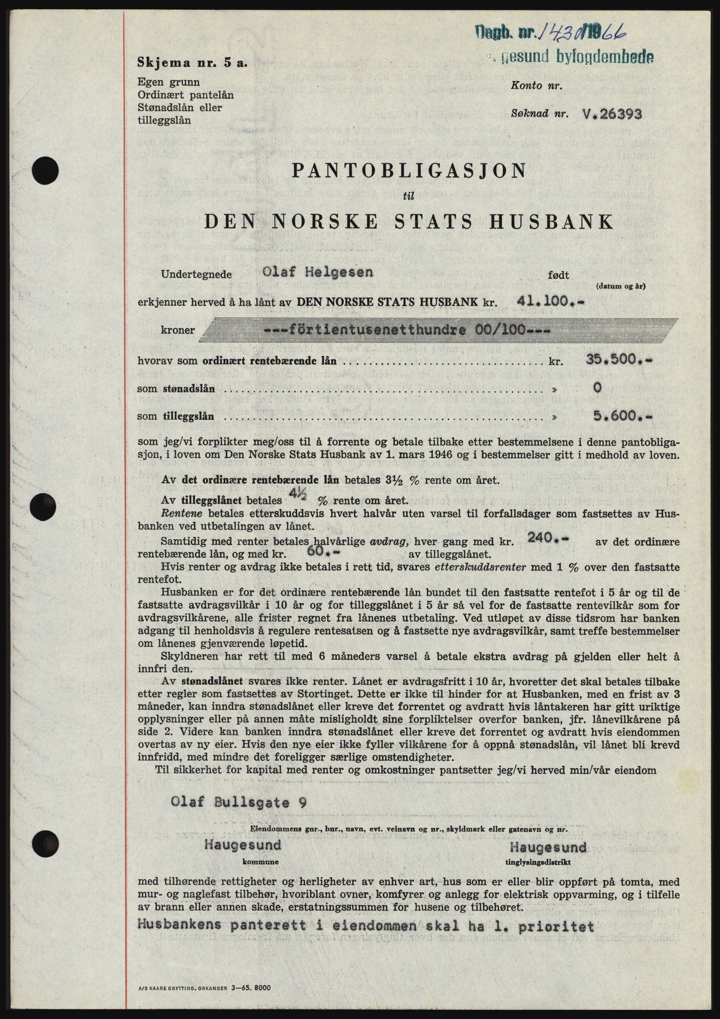 Haugesund tingrett, SAST/A-101415/01/II/IIC/L0055: Pantebok nr. B 55, 1966-1966, Dagboknr: 1430/1966