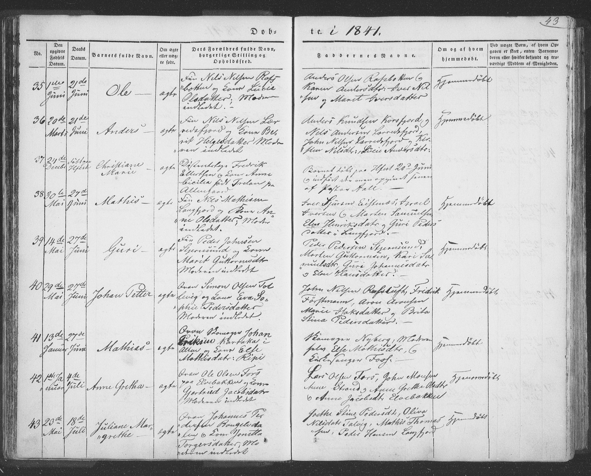 Talvik sokneprestkontor, AV/SATØ-S-1337/H/Ha/L0009kirke: Ministerialbok nr. 9, 1837-1852, s. 43