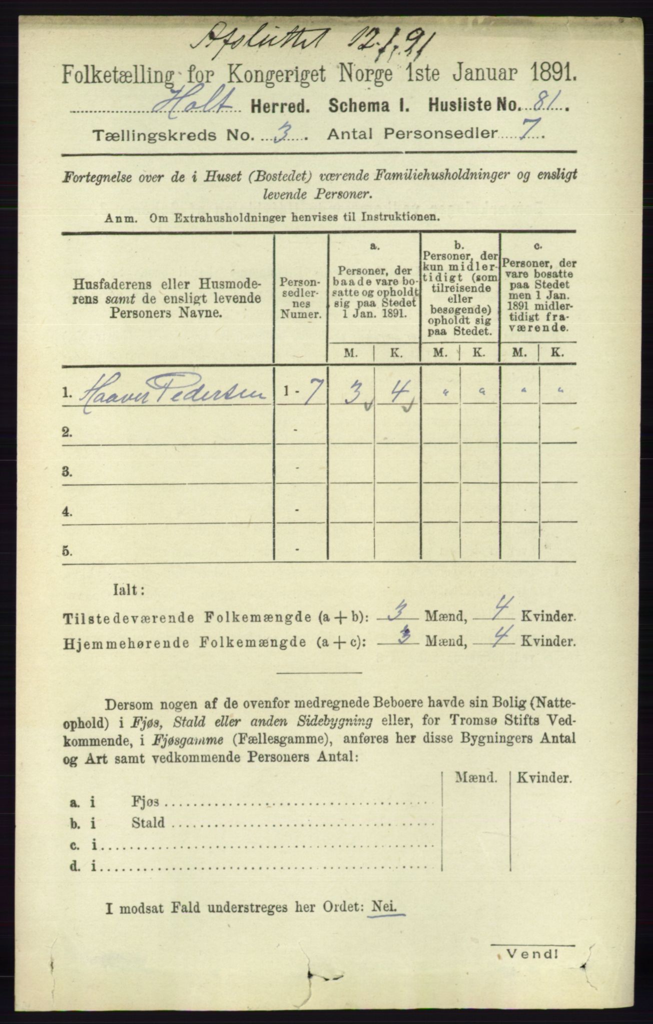 RA, Folketelling 1891 for 0914 Holt herred, 1891, s. 1033