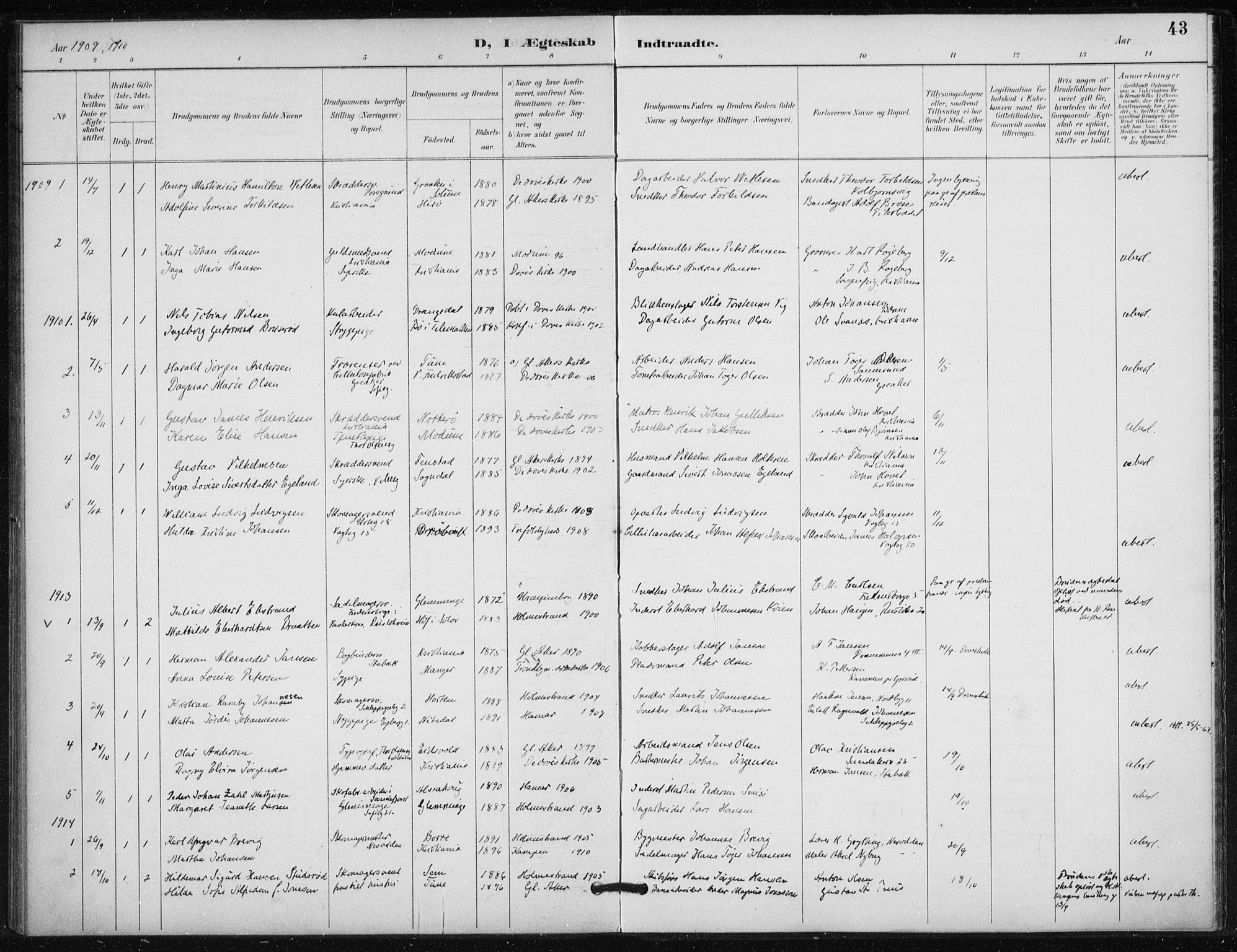 Døves menighet Oslo prestekontor kirkebøker, AV/SAO-A-11064/F/L0001: Ministerialbok nr. 1, 1895-1919, s. 43