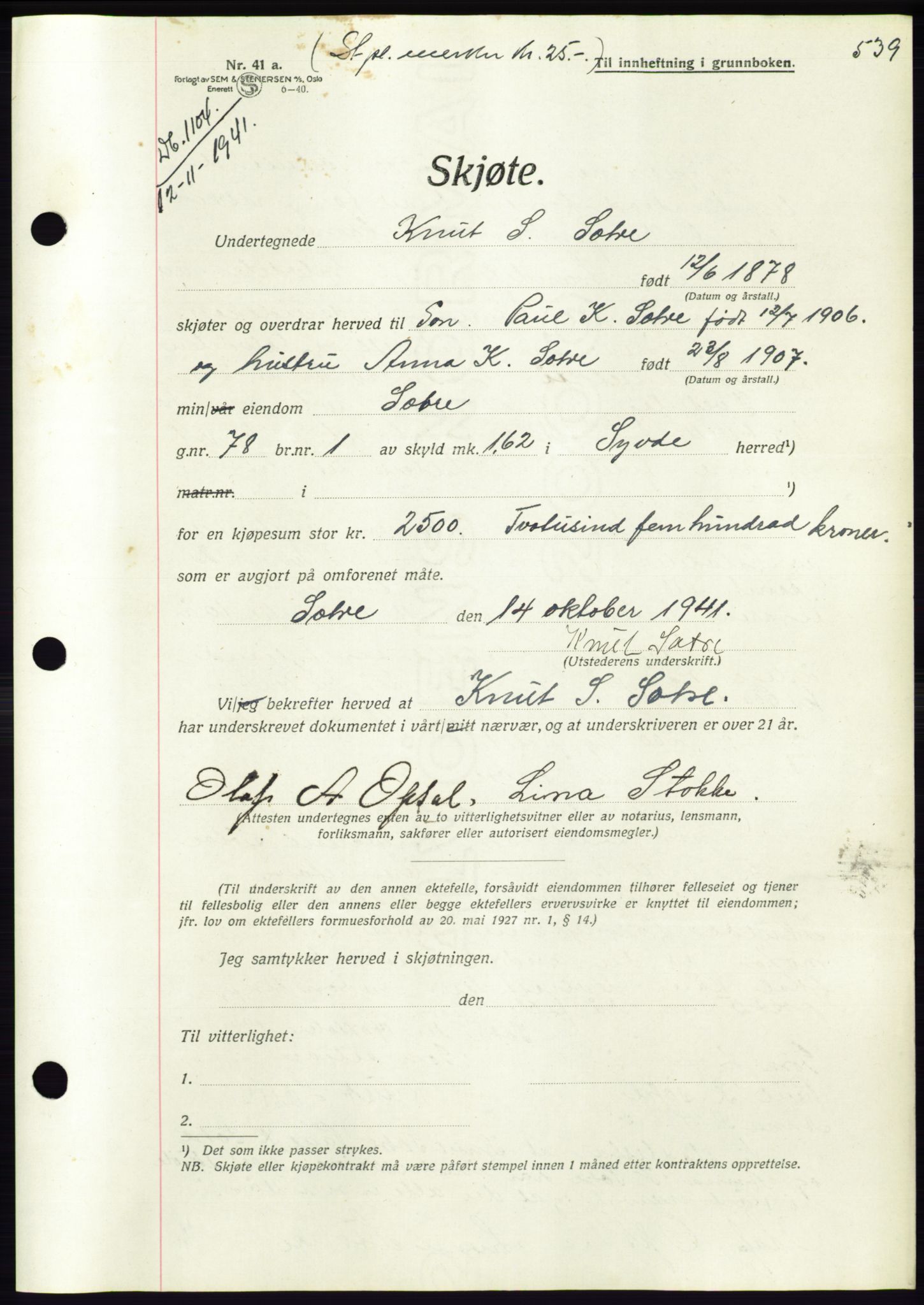 Søre Sunnmøre sorenskriveri, AV/SAT-A-4122/1/2/2C/L0071: Pantebok nr. 65, 1941-1941, Dagboknr: 1104/1941