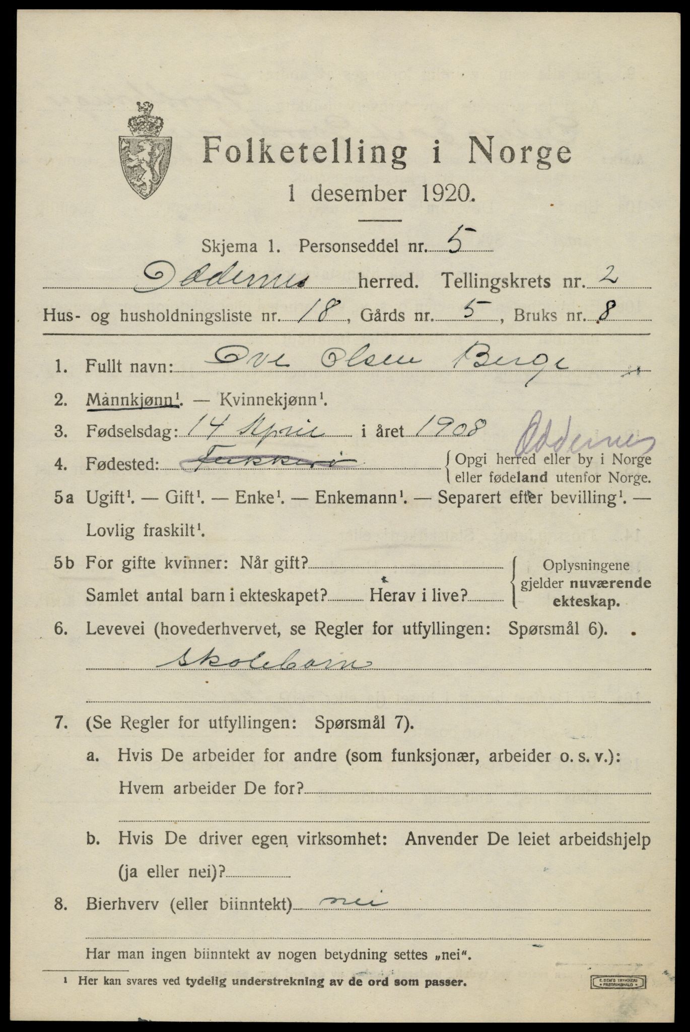 SAK, Folketelling 1920 for 1012 Oddernes herred, 1920, s. 3027