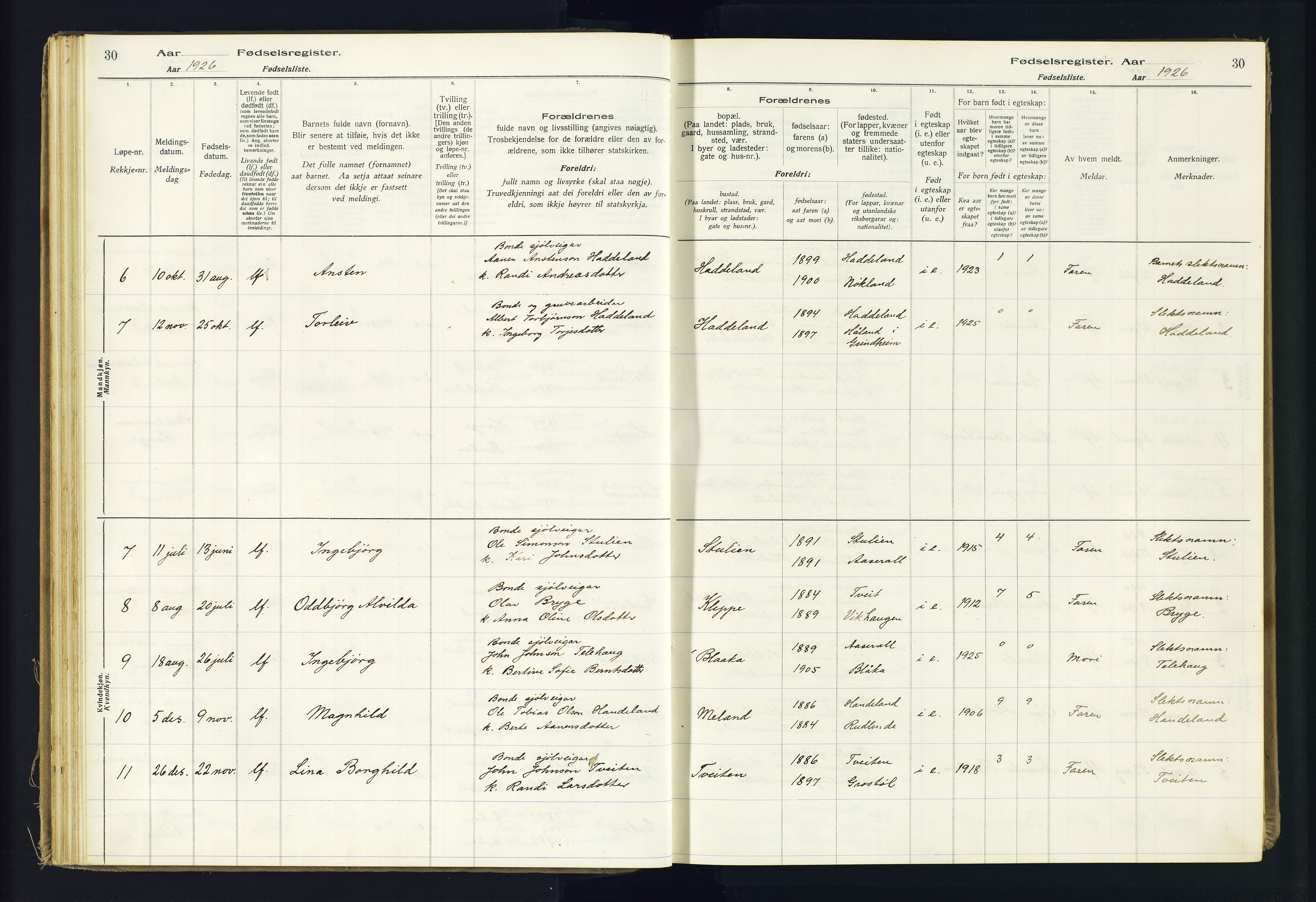 Hægebostad sokneprestkontor, AV/SAK-1111-0024/J/Ja/L0002: Fødselsregister nr. II.6.8, 1916-1982, s. 30