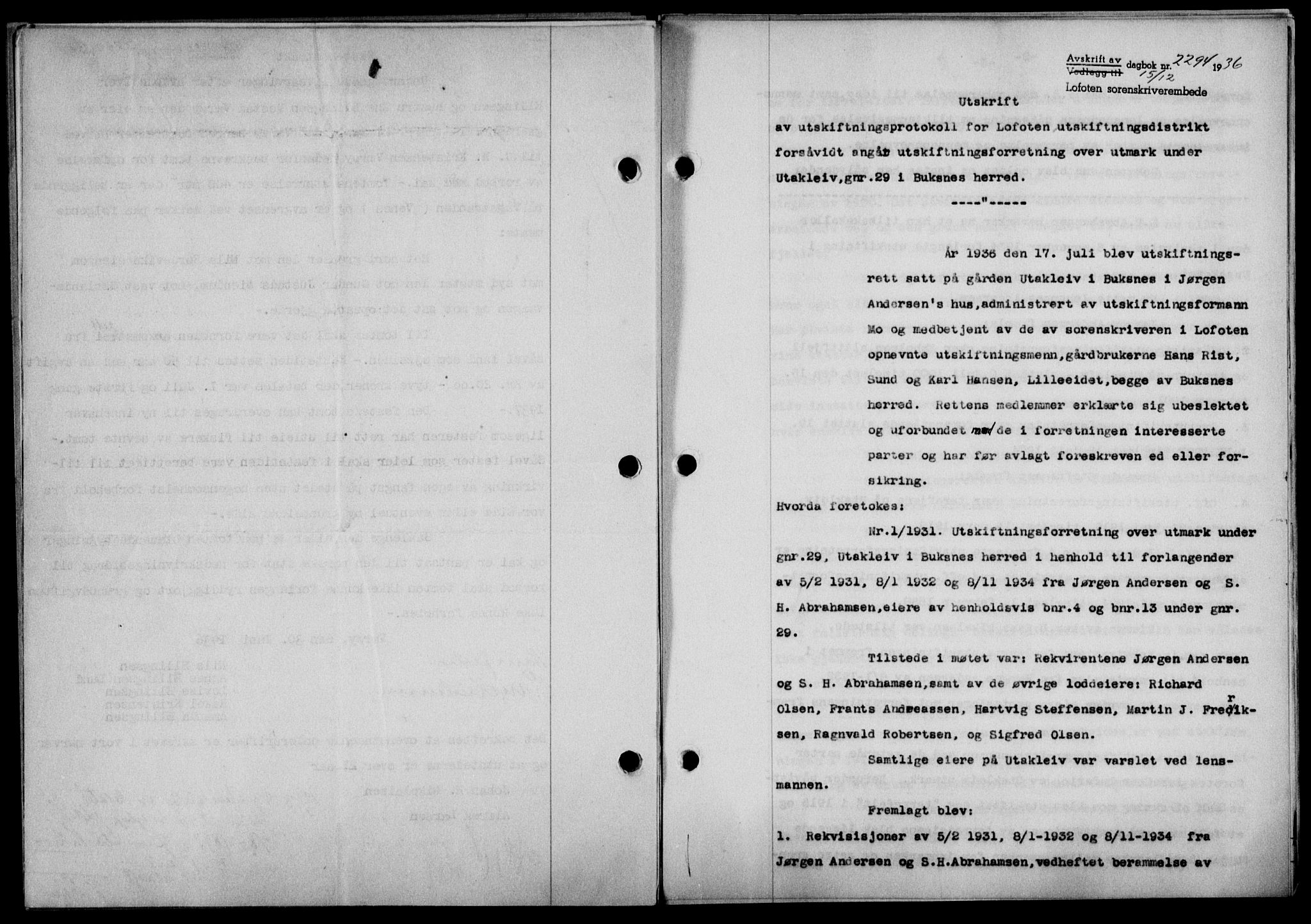 Lofoten sorenskriveri, SAT/A-0017/1/2/2C/L0001a: Pantebok nr. 1a, 1936-1937, Dagboknr: 2294/1936