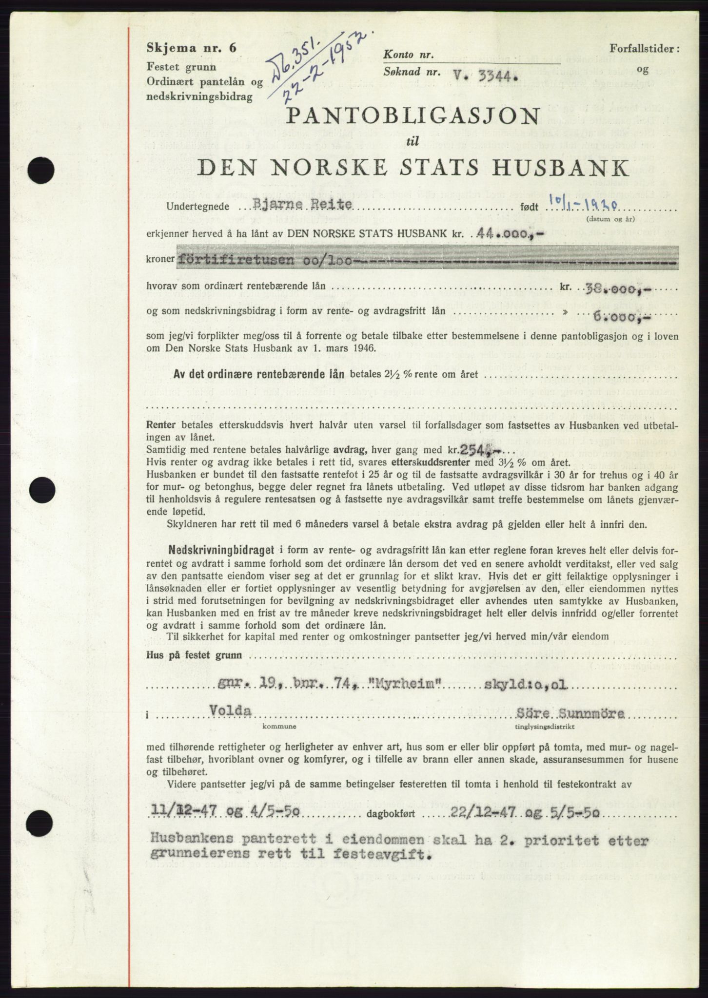 Søre Sunnmøre sorenskriveri, AV/SAT-A-4122/1/2/2C/L0121: Pantebok nr. 9B, 1951-1952, Dagboknr: 351/1952