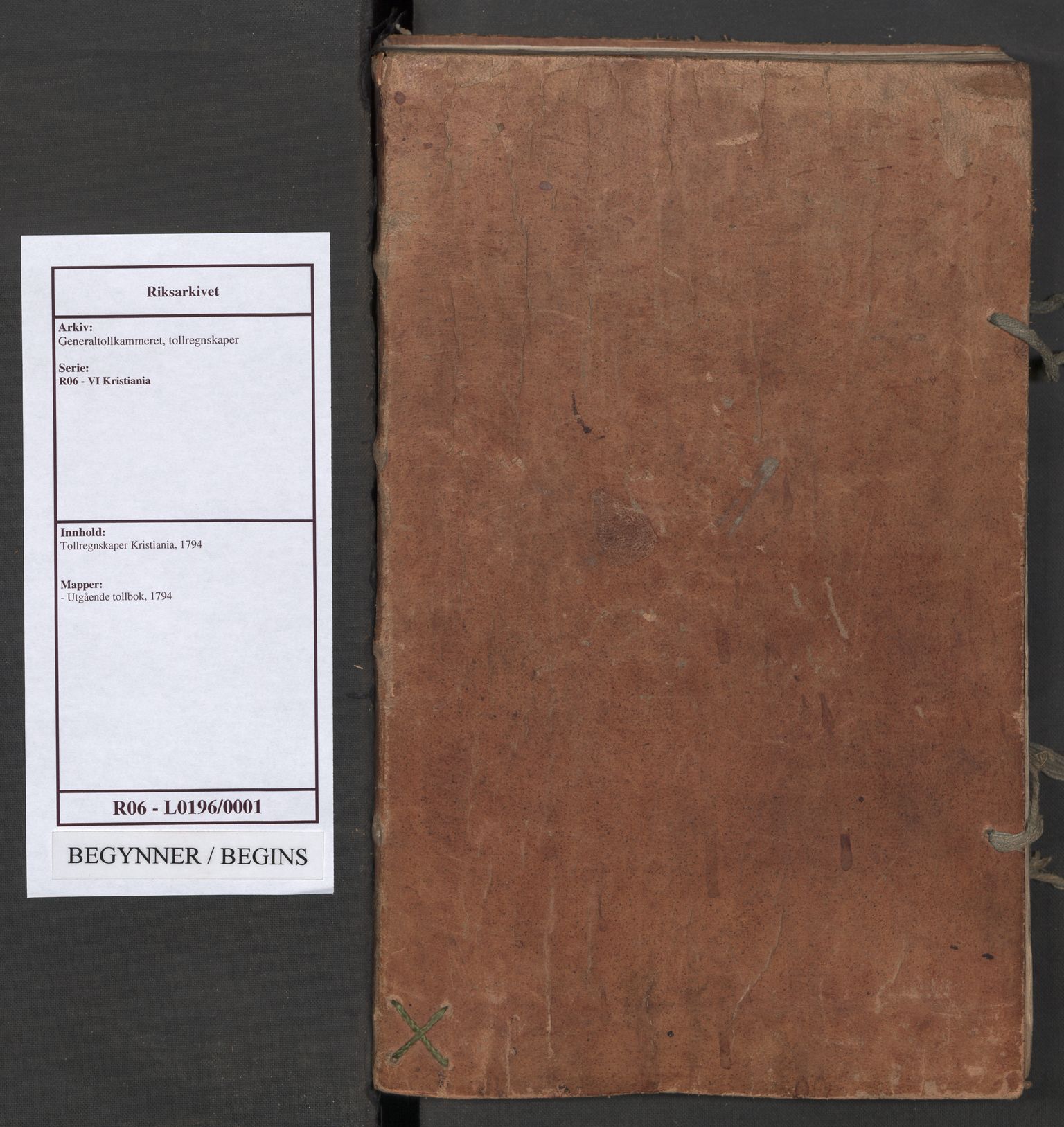Generaltollkammeret, tollregnskaper, RA/EA-5490/R06/L0196/0001: Tollregnskaper Kristiania / Utgående tollbok, 1794