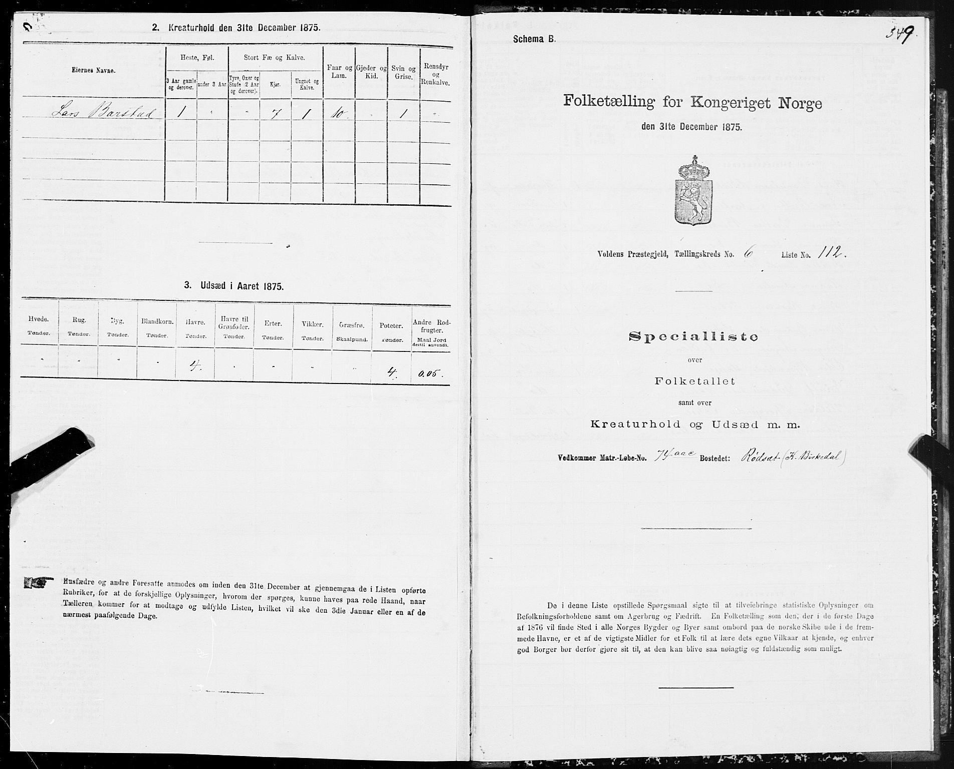 SAT, Folketelling 1875 for 1519P Volda prestegjeld, 1875, s. 4349