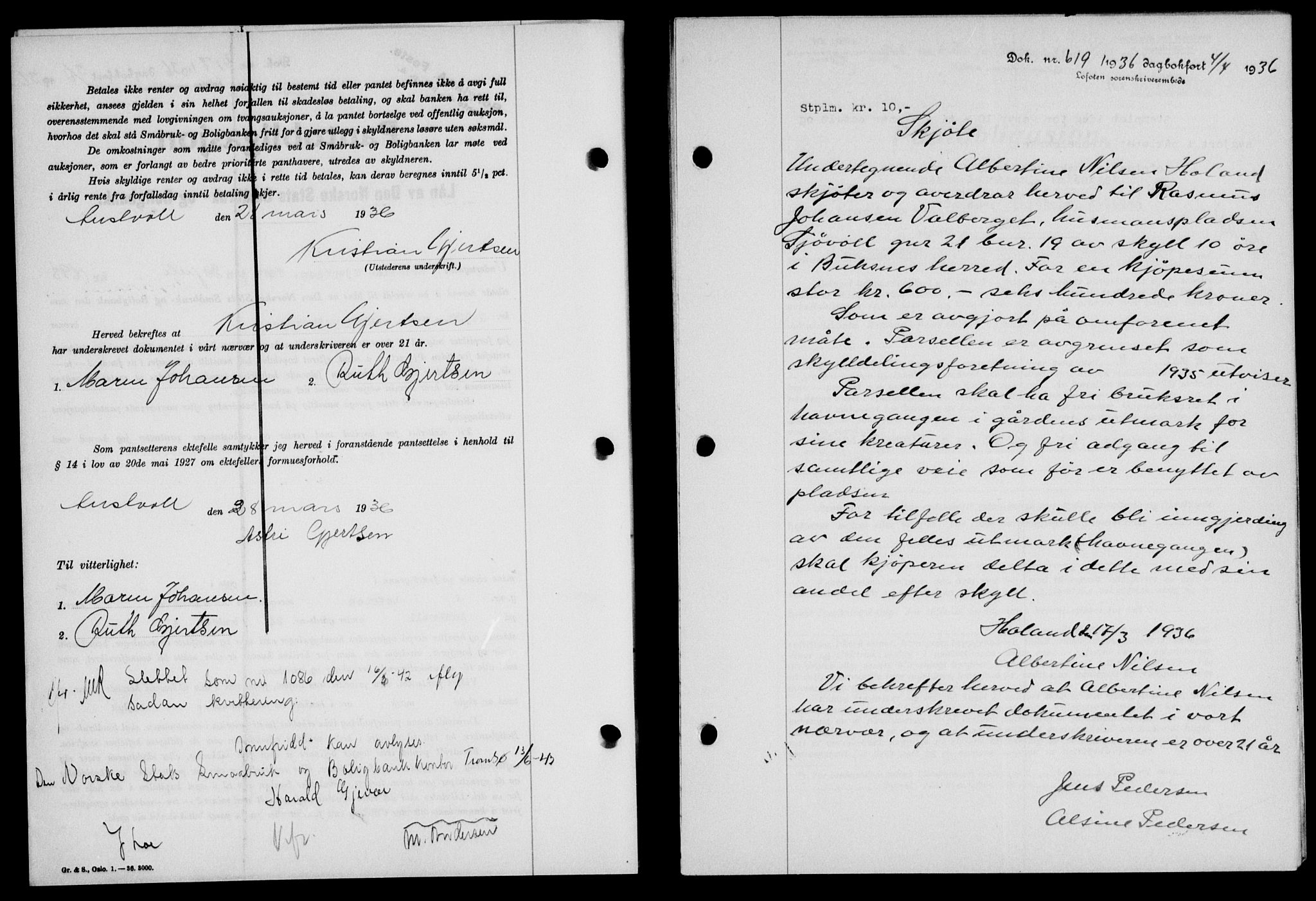 Lofoten sorenskriveri, SAT/A-0017/1/2/2C/L0033b: Pantebok nr. 33b, 1936-1936, Dagboknr: 619/1936