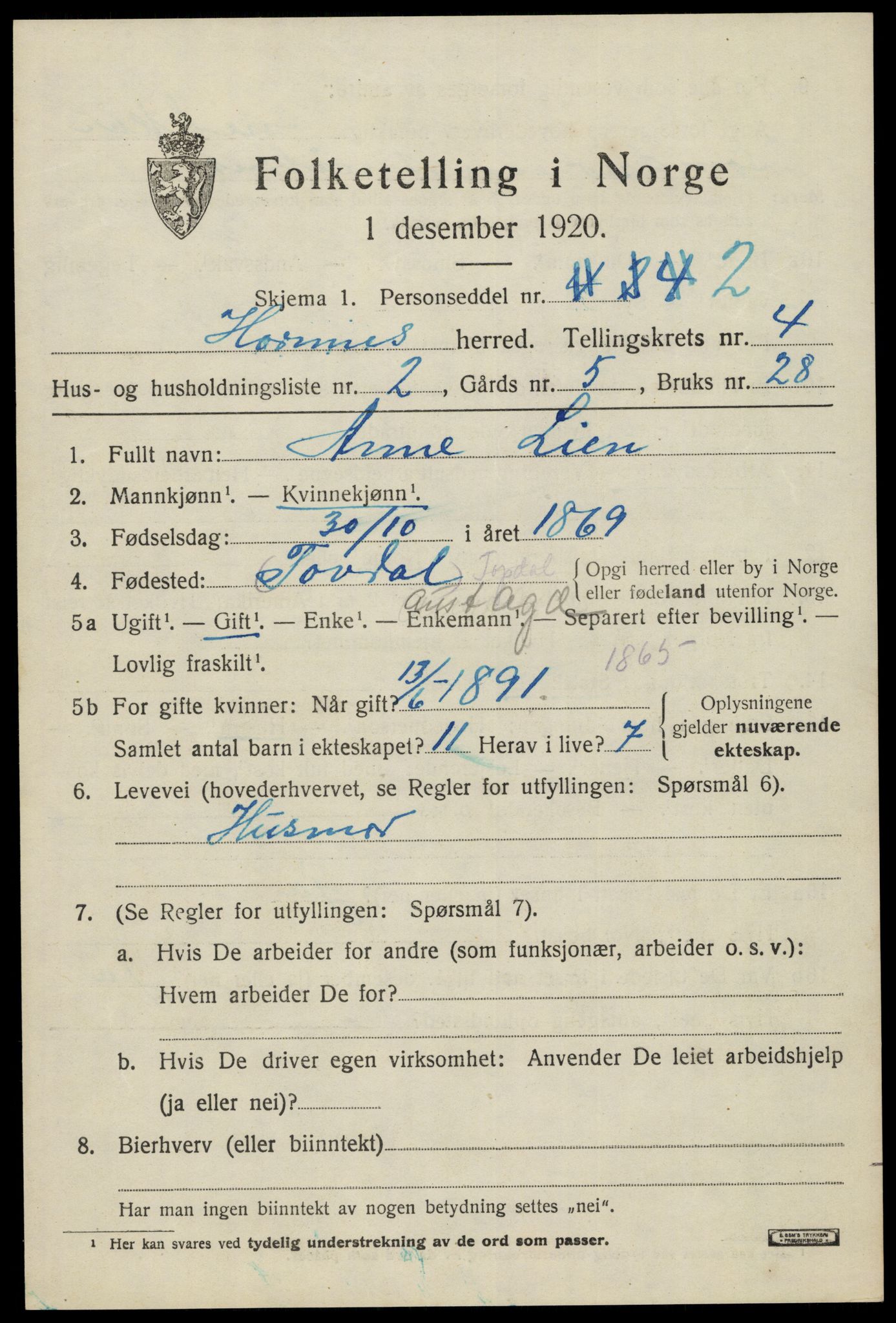 SAK, Folketelling 1920 for 0936 Hornnes herred, 1920, s. 1143
