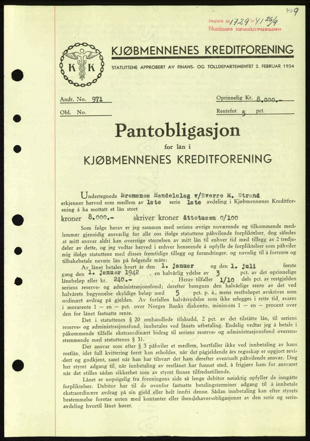 Nordmøre sorenskriveri, SAT/A-4132/1/2/2Ca: Pantebok nr. B88, 1941-1942, Dagboknr: 1729/1941