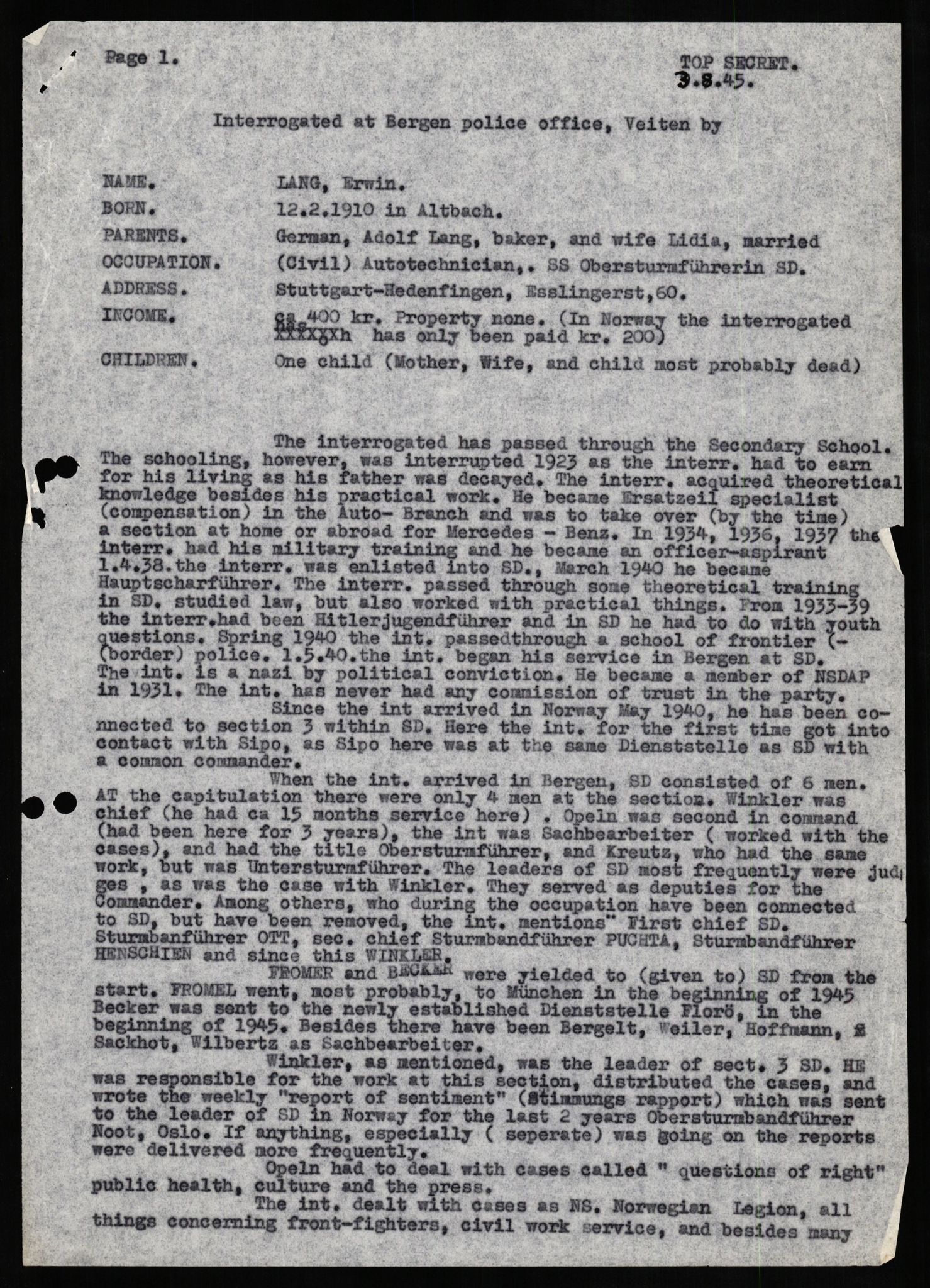 Forsvaret, Forsvarets overkommando II, AV/RA-RAFA-3915/D/Db/L0019: CI Questionaires. Tyske okkupasjonsstyrker i Norge. Tyskere., 1945-1946, s. 367