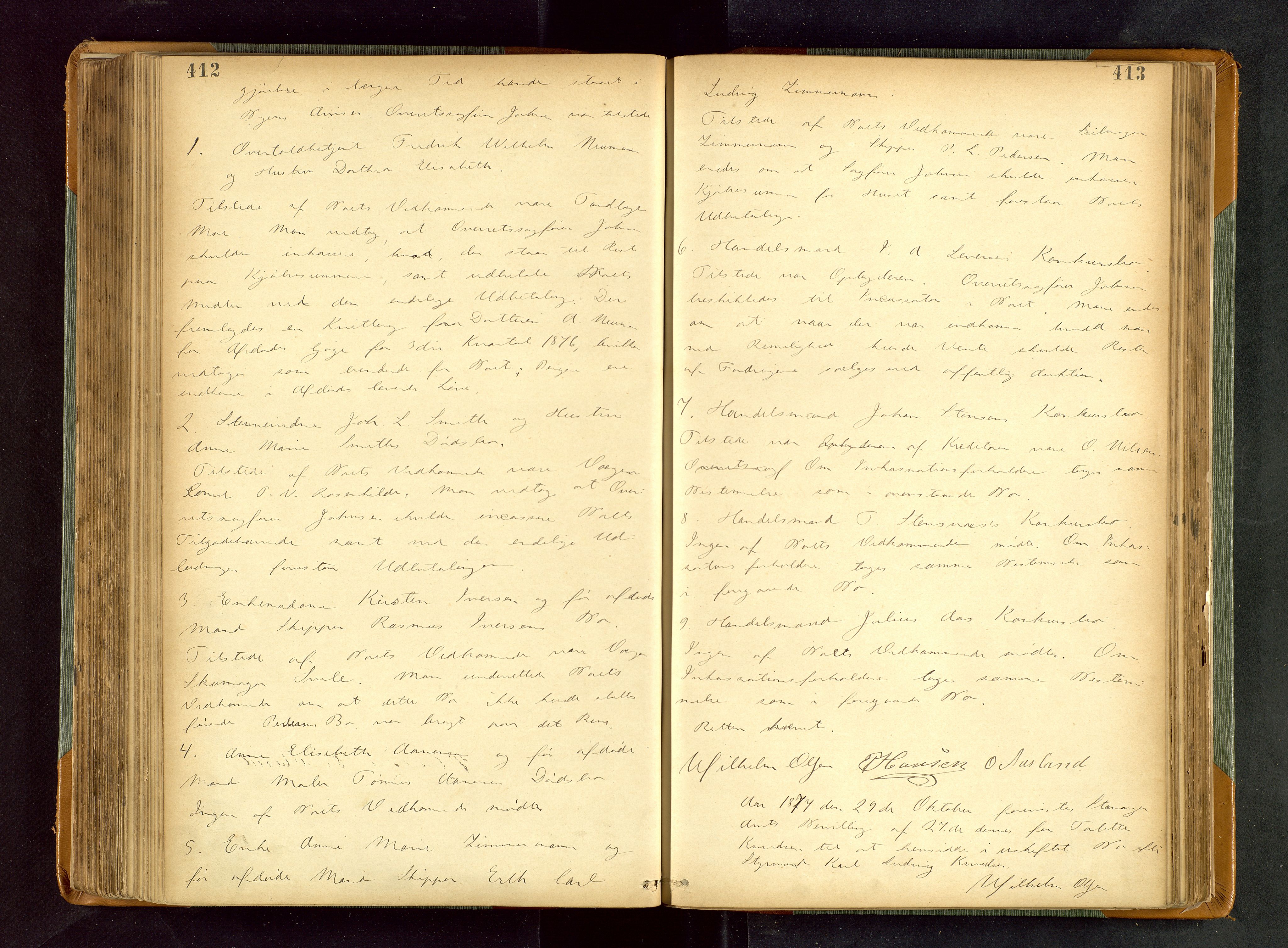 Stavanger byfogd, AV/SAST-A-101408/001/5/50/503BB/L0015: Skifteforhandlingsprotokoll, 1873-1879, s. 412-413