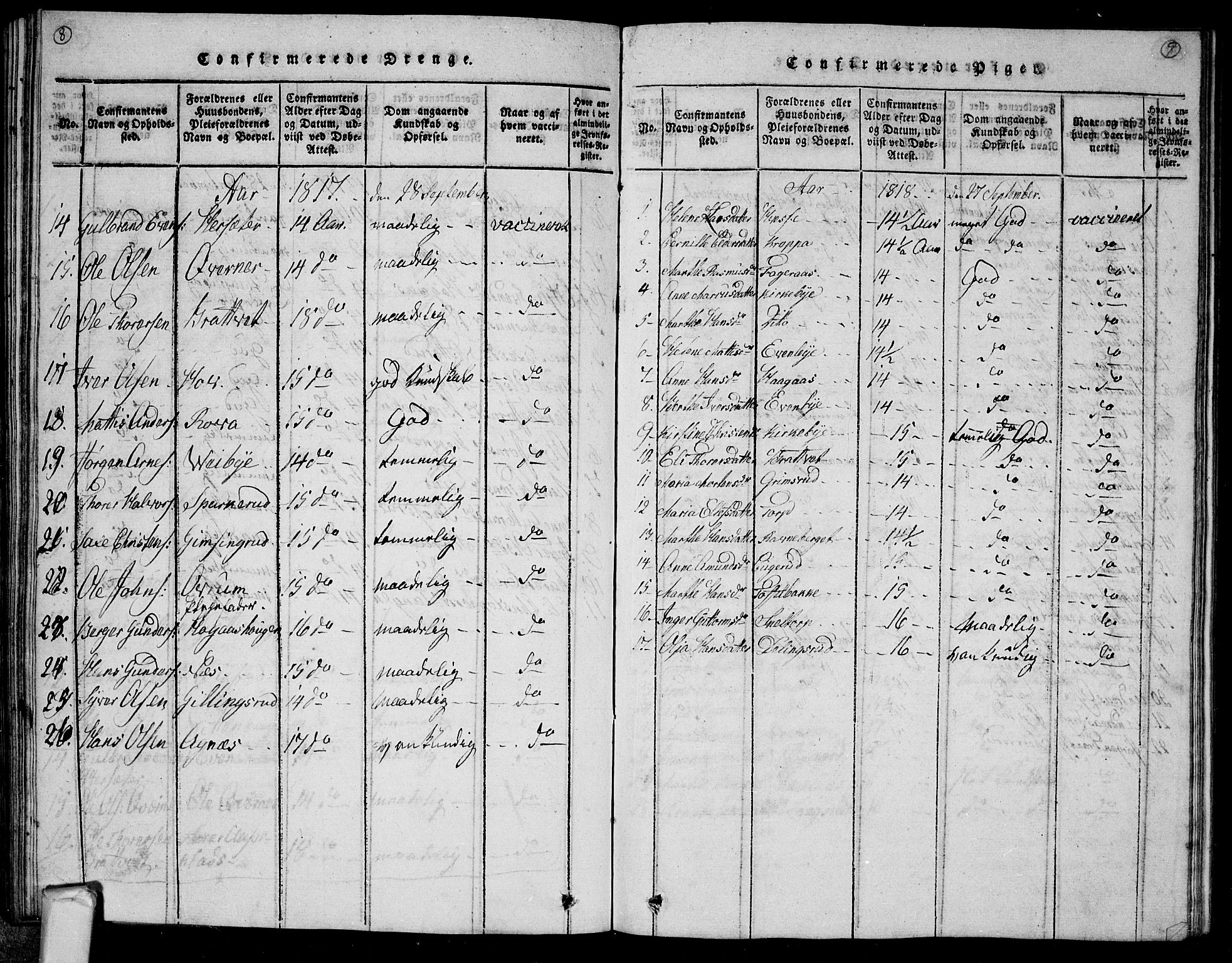 Trøgstad prestekontor Kirkebøker, AV/SAO-A-10925/G/Ga/L0001: Klokkerbok nr. I 1, 1815-1831, s. 8-9
