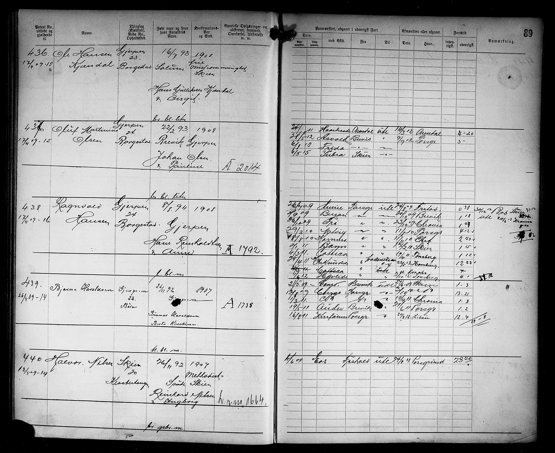 Skien innrulleringskontor, AV/SAKO-A-832/F/Fc/L0006: Annotasjonsrulle, 1899-1911, s. 91