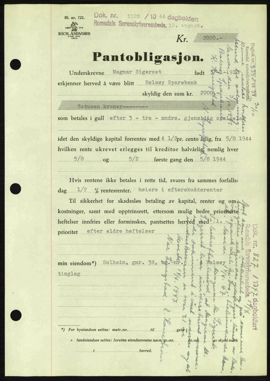 Romsdal sorenskriveri, SAT/A-4149/1/2/2C: Pantebok nr. B2, 1939-1945, Dagboknr: 1128/1944