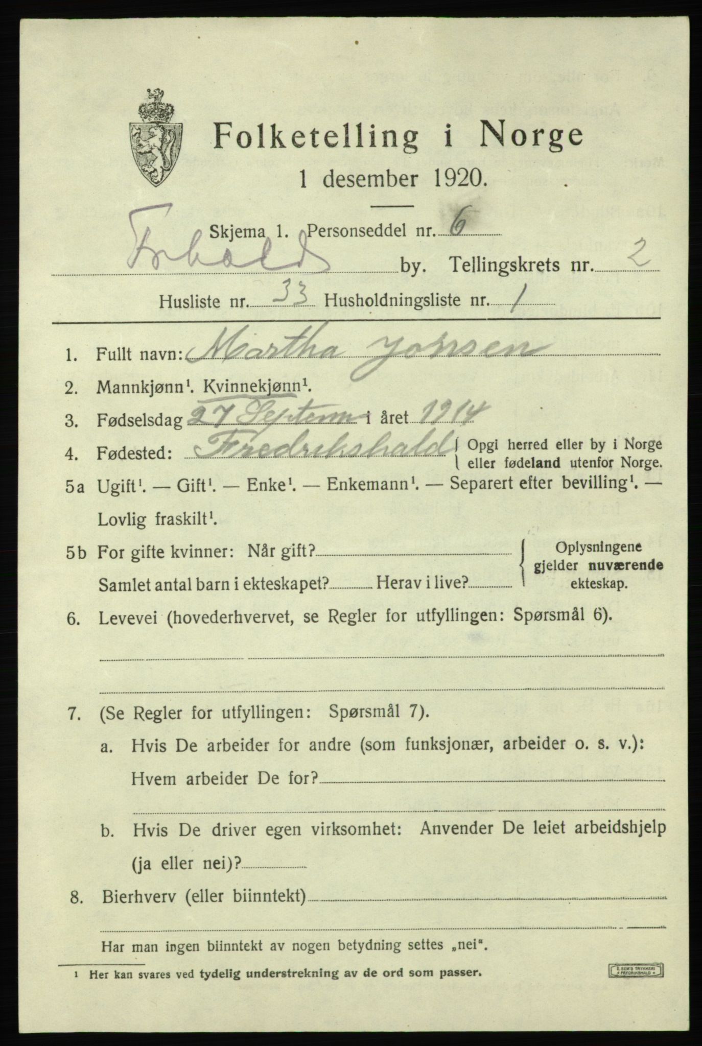 SAO, Folketelling 1920 for 0101 Fredrikshald kjøpstad, 1920, s. 10133