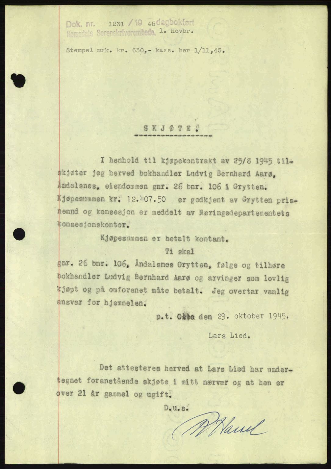 Romsdal sorenskriveri, SAT/A-4149/1/2/2C: Pantebok nr. A18, 1945-1945, Dagboknr: 1231/1945