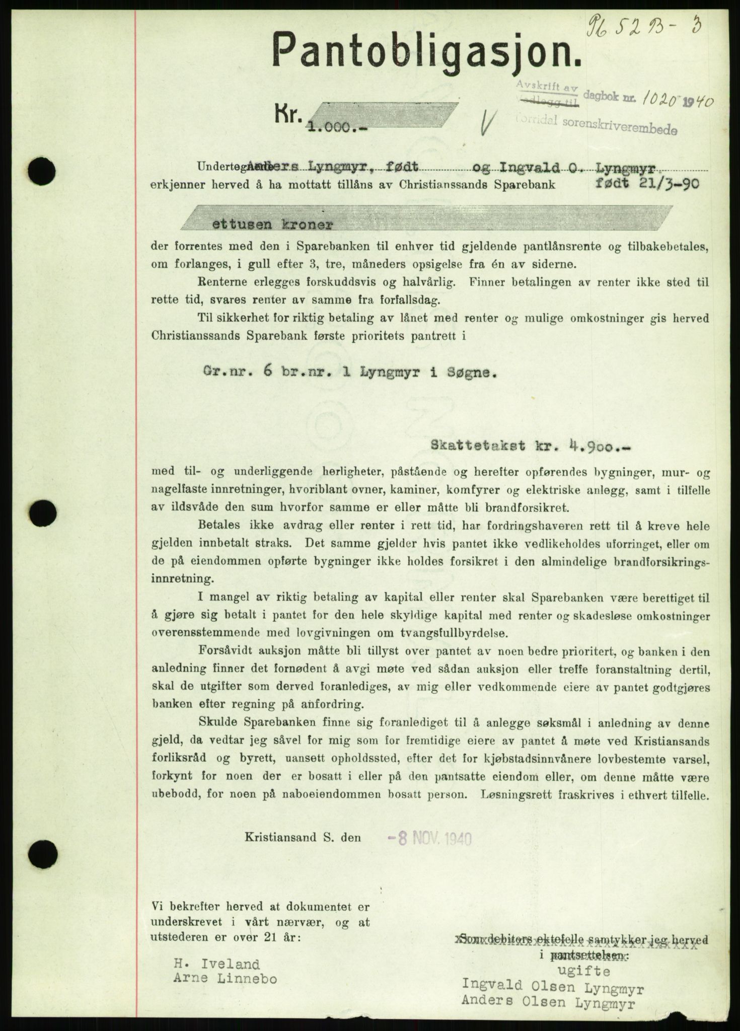 Torridal sorenskriveri, SAK/1221-0012/G/Gb/Gbb/L0008: Pantebok nr. 52b, 1940-1942, Dagboknr: 1020/1940