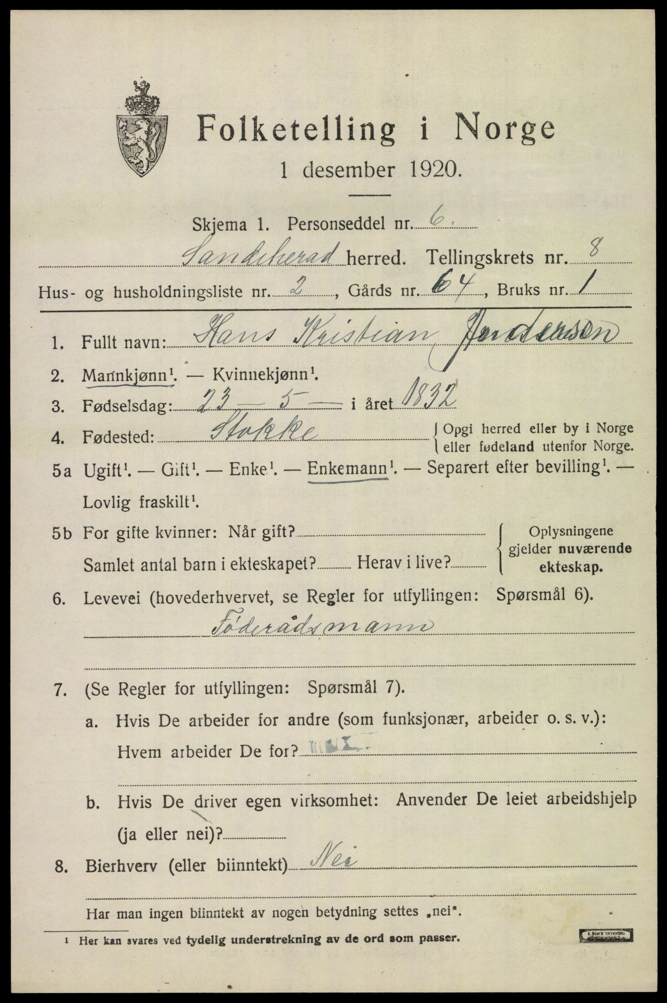 SAKO, Folketelling 1920 for 0724 Sandeherred herred, 1920, s. 12728