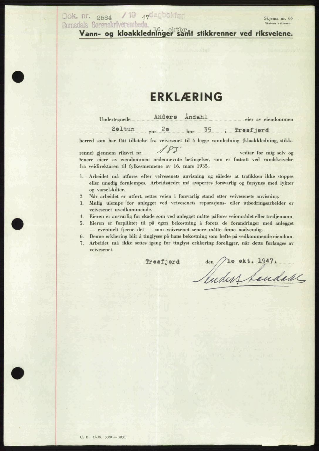 Romsdal sorenskriveri, SAT/A-4149/1/2/2C: Pantebok nr. A24, 1947-1947, Dagboknr: 2584/1947