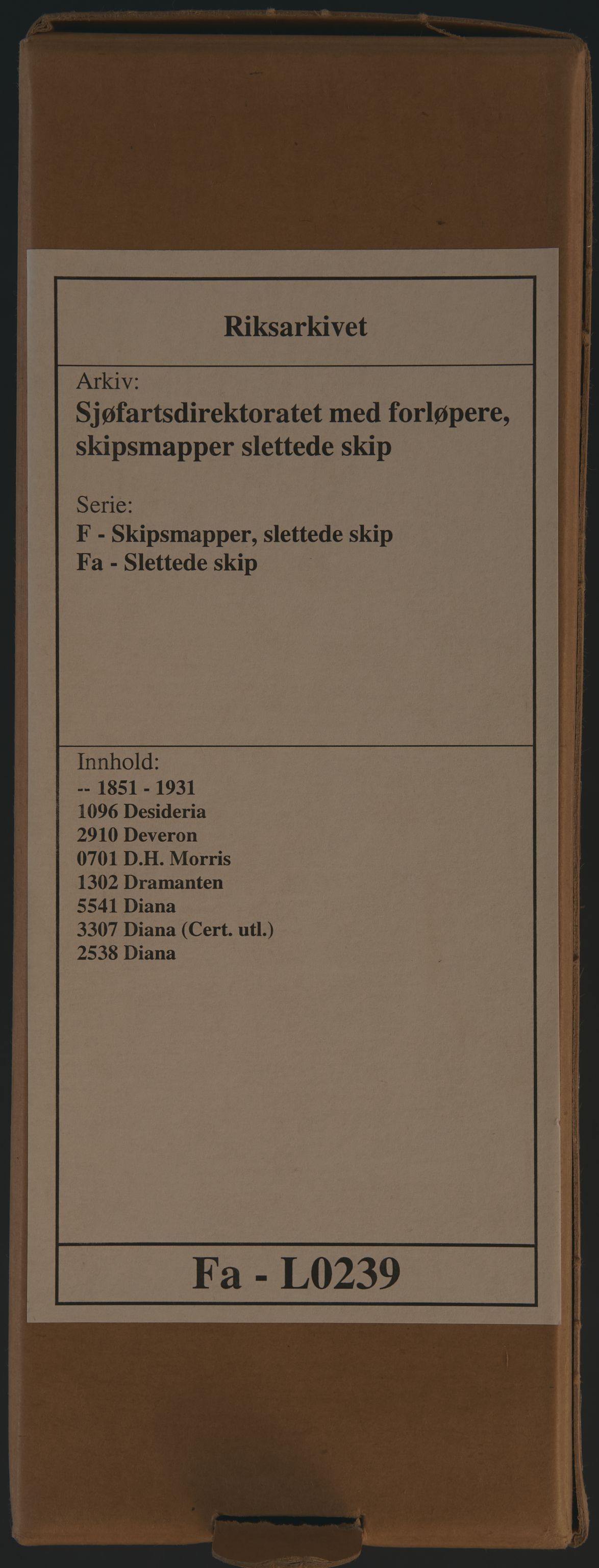 Sjøfartsdirektoratet med forløpere, skipsmapper slettede skip, RA/S-4998/F/Fa/L0239: --, 1851-1931, s. 1