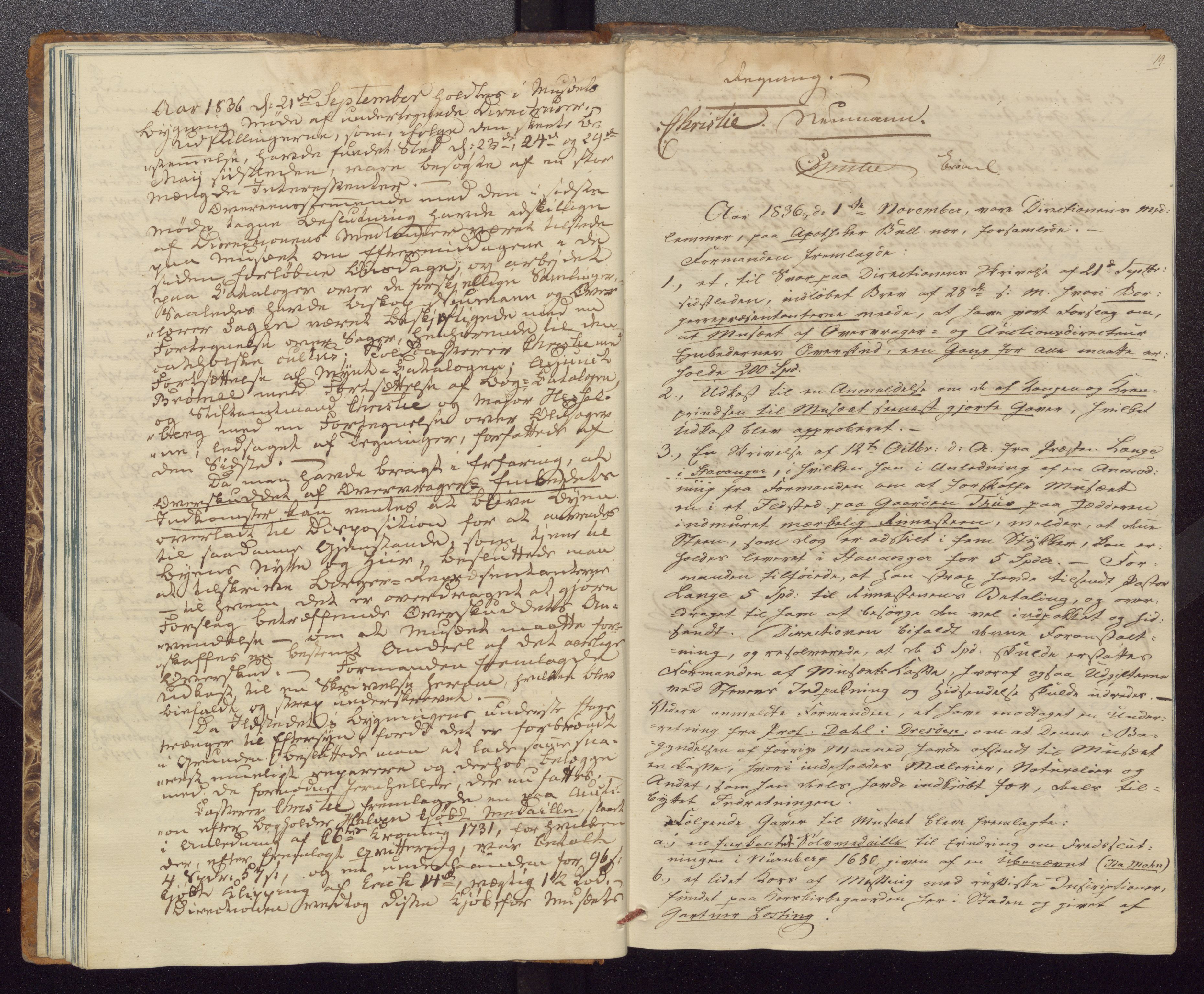 Bergens Museum, UMB/A007/A/Aa/L0004: Forhandlingsprotokoll , 1834-1845, s. 19