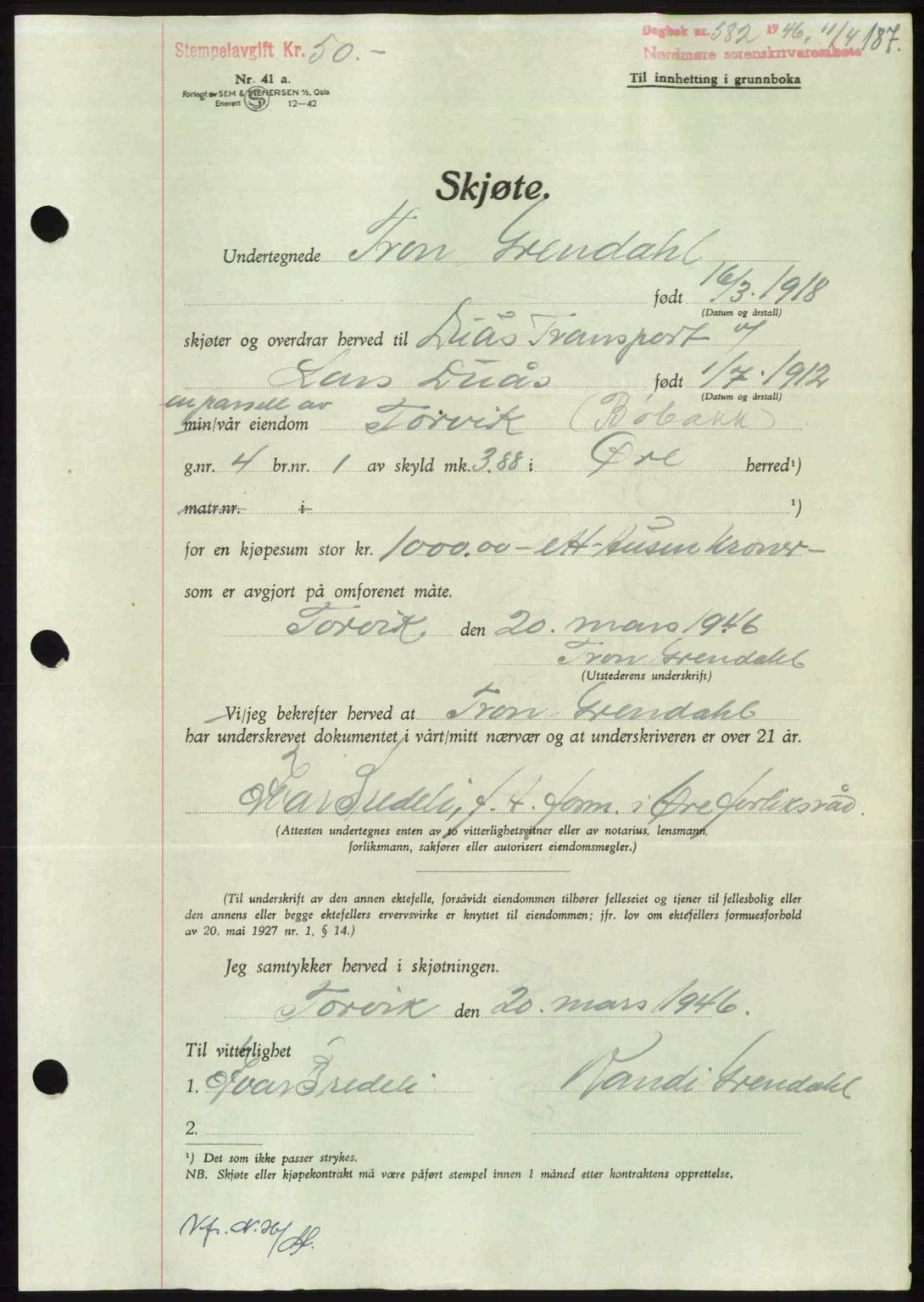 Nordmøre sorenskriveri, AV/SAT-A-4132/1/2/2Ca: Pantebok nr. A101, 1946-1946, Dagboknr: 582/1946