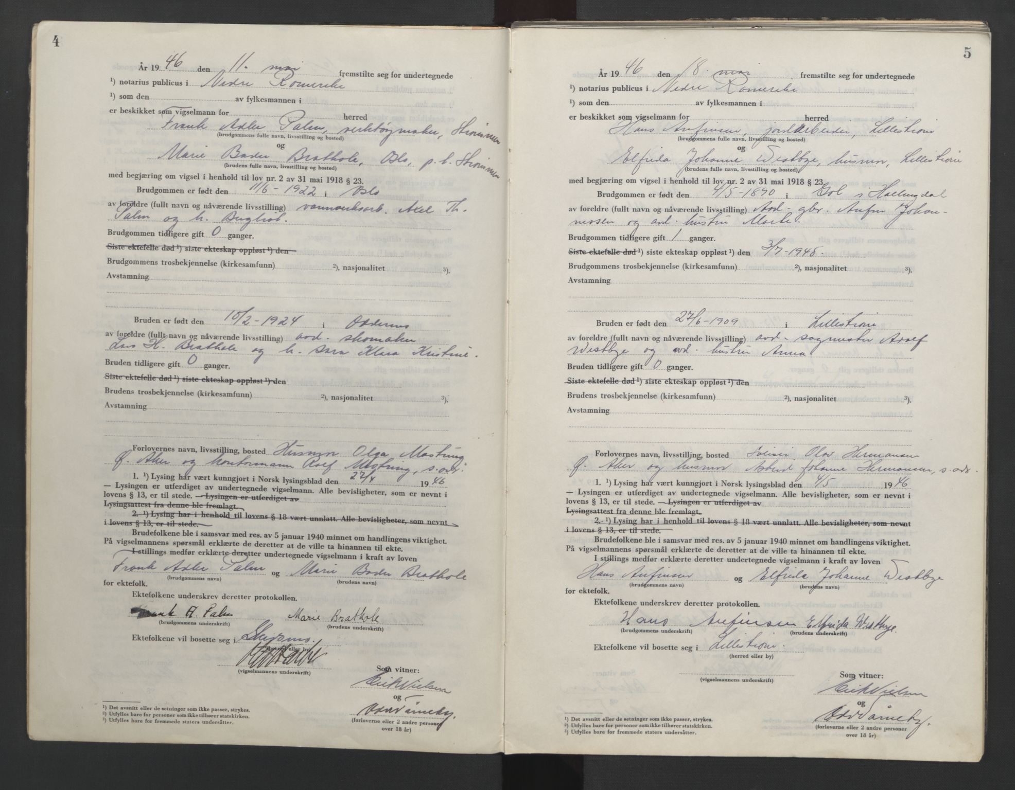 Nedre Romerike sorenskriveri, AV/SAO-A-10469/L/Lb/L0007: Vigselsbok - borgerlige vielser, 1946-1950, s. 4-5