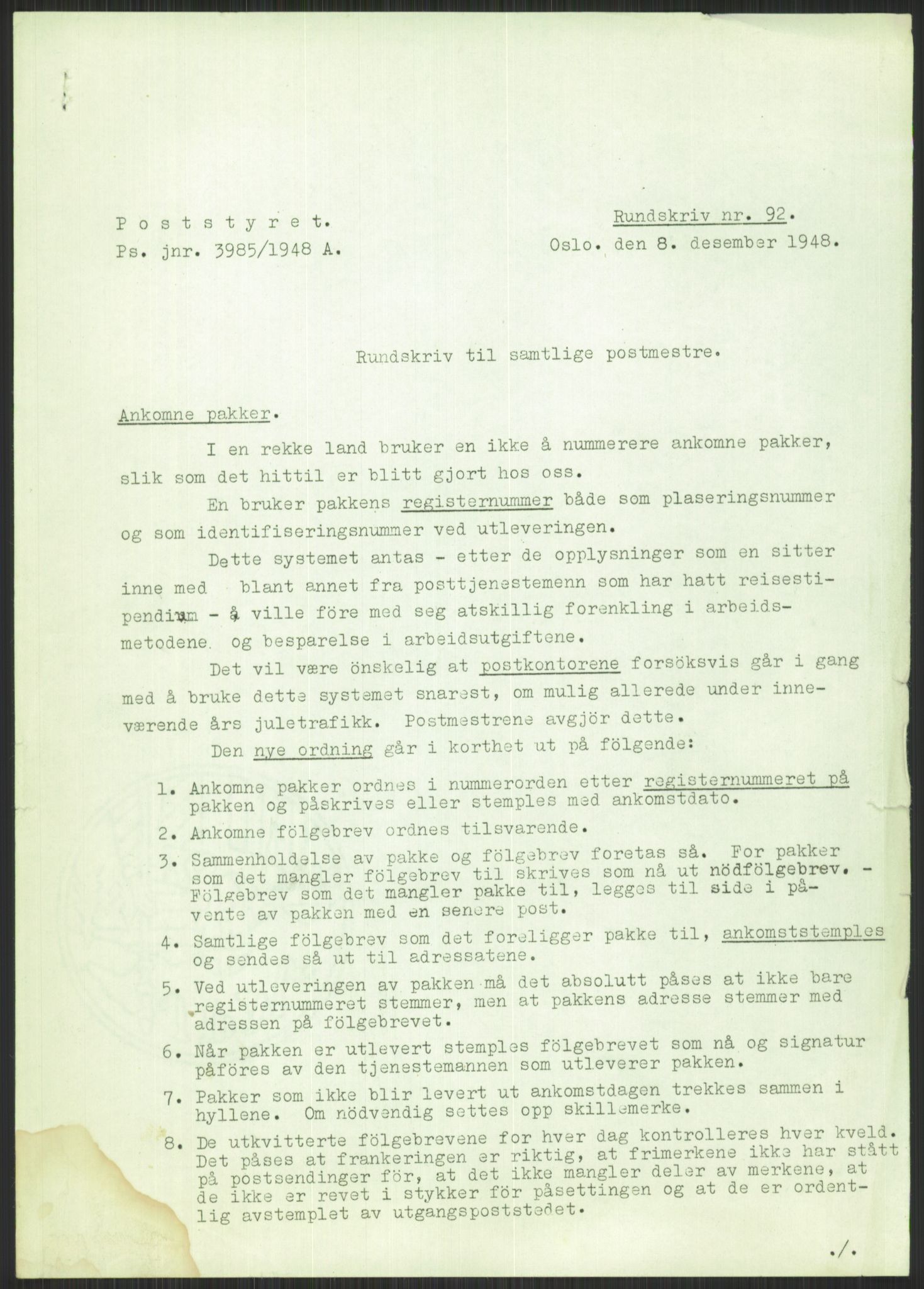 Poststyret, Statistikkontoret (D), AV/RA-S-4658/D/L0043/0003: Alment om postsendinger / Porto og avgifter. Pakkepost, 1929-1955, s. 595