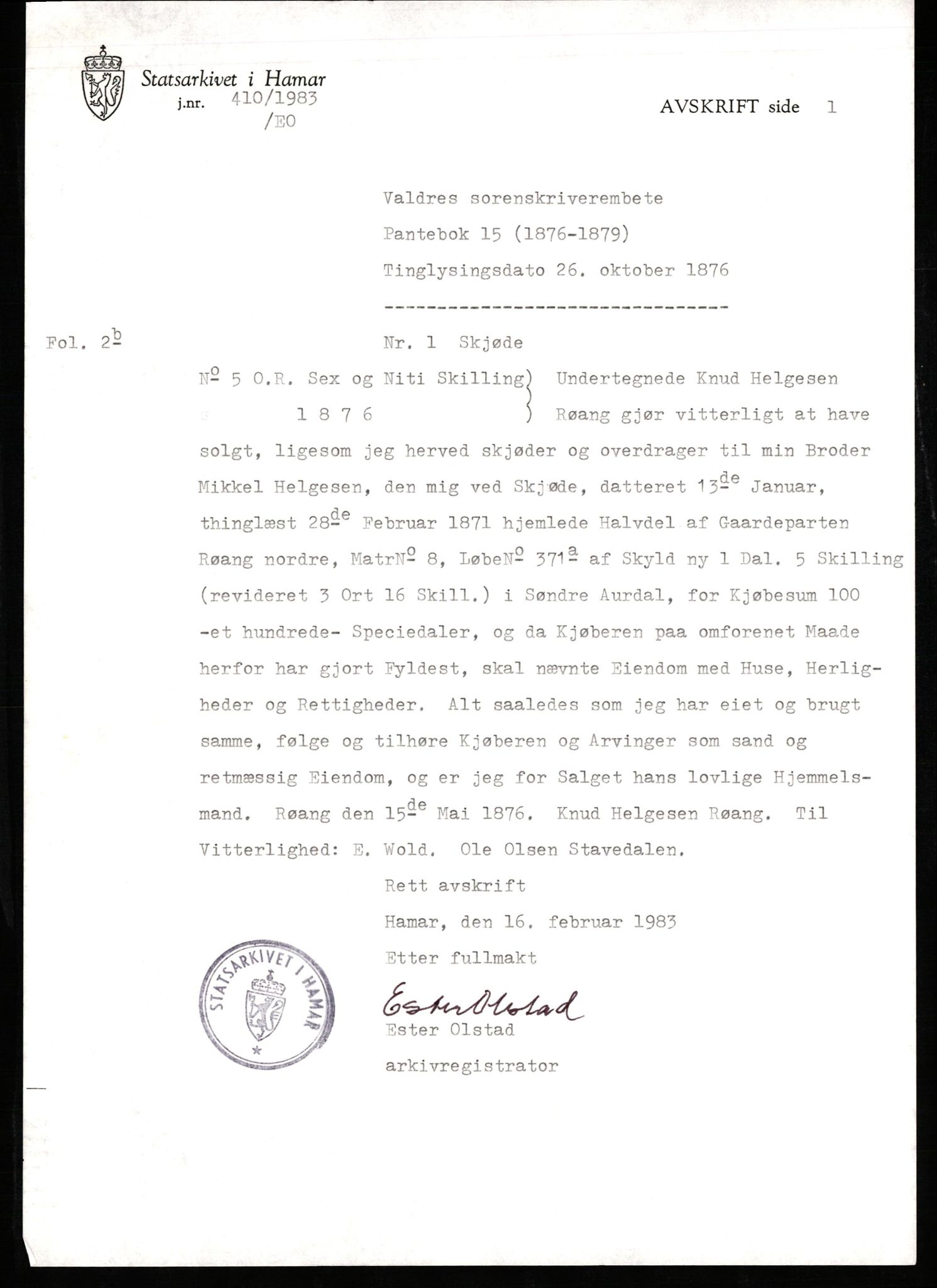 Avskriftssamlingen ved Statsarkivet i Hamar, AV/SAH-AVSKRIFT-001/H/Hi/Hia/L0015: Pantebok for Valdres, 1876-1879