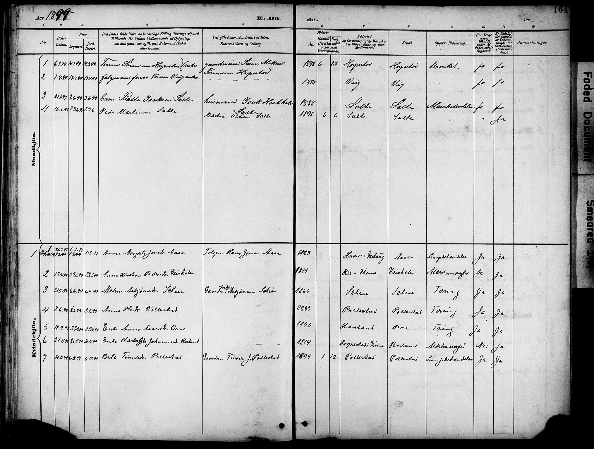 Klepp sokneprestkontor, SAST/A-101803/001/3/30BB/L0005: Klokkerbok nr. B 5, 1889-1918, s. 164